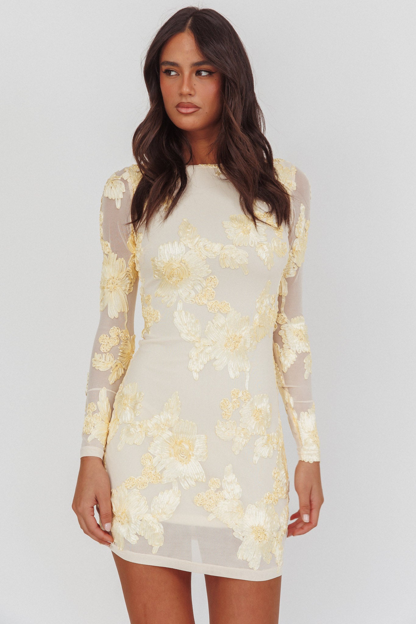 Karma Long Sleeve Scoop Back Dress Embellished Yellow - M Karma Long Sleeve Scoop Back Dress Embellished Yellow - M