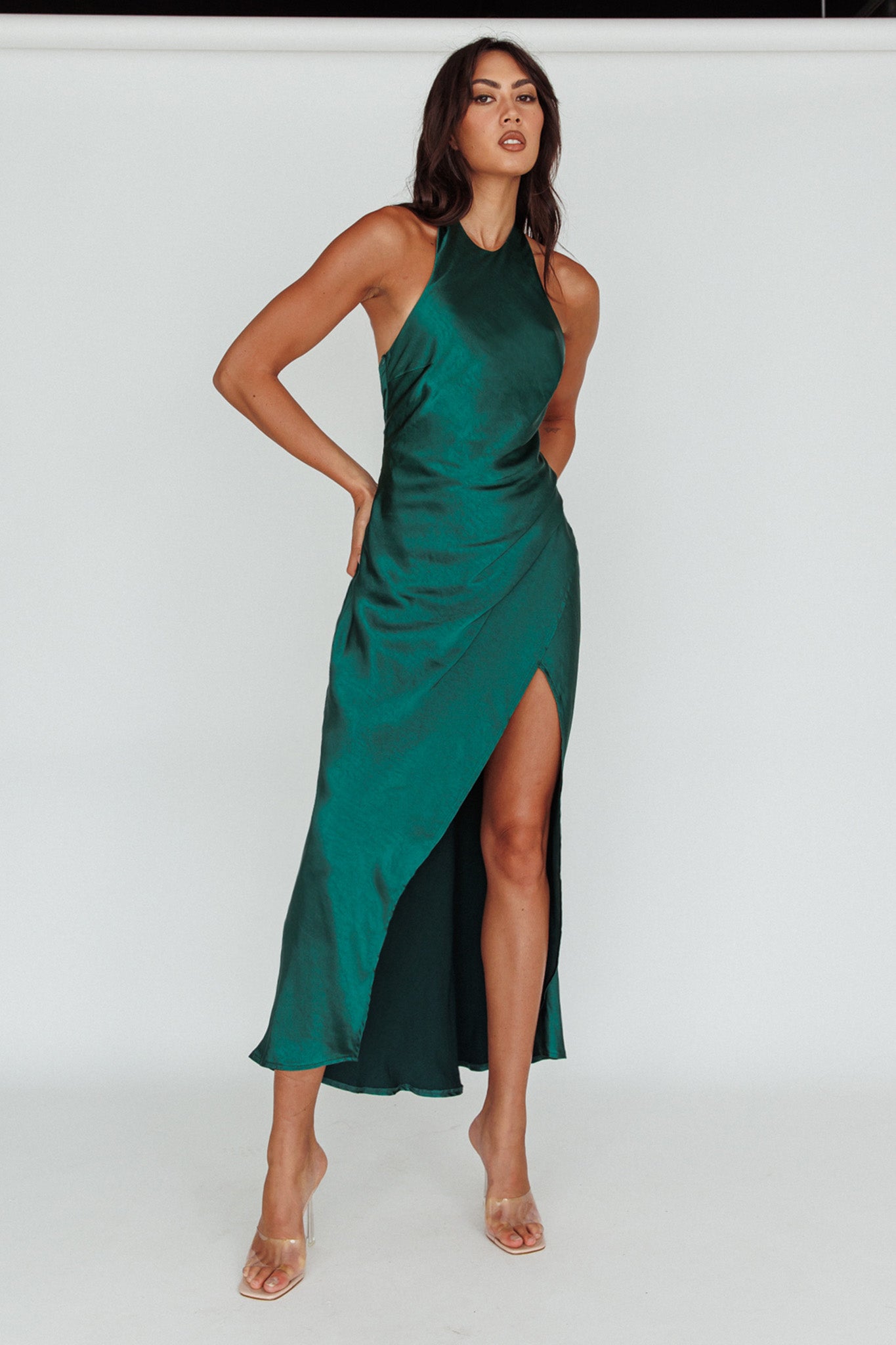 Sonoma Halterneck Faux Wrap Twist Back Maxi Dress Forest Green by Selfie Leslie