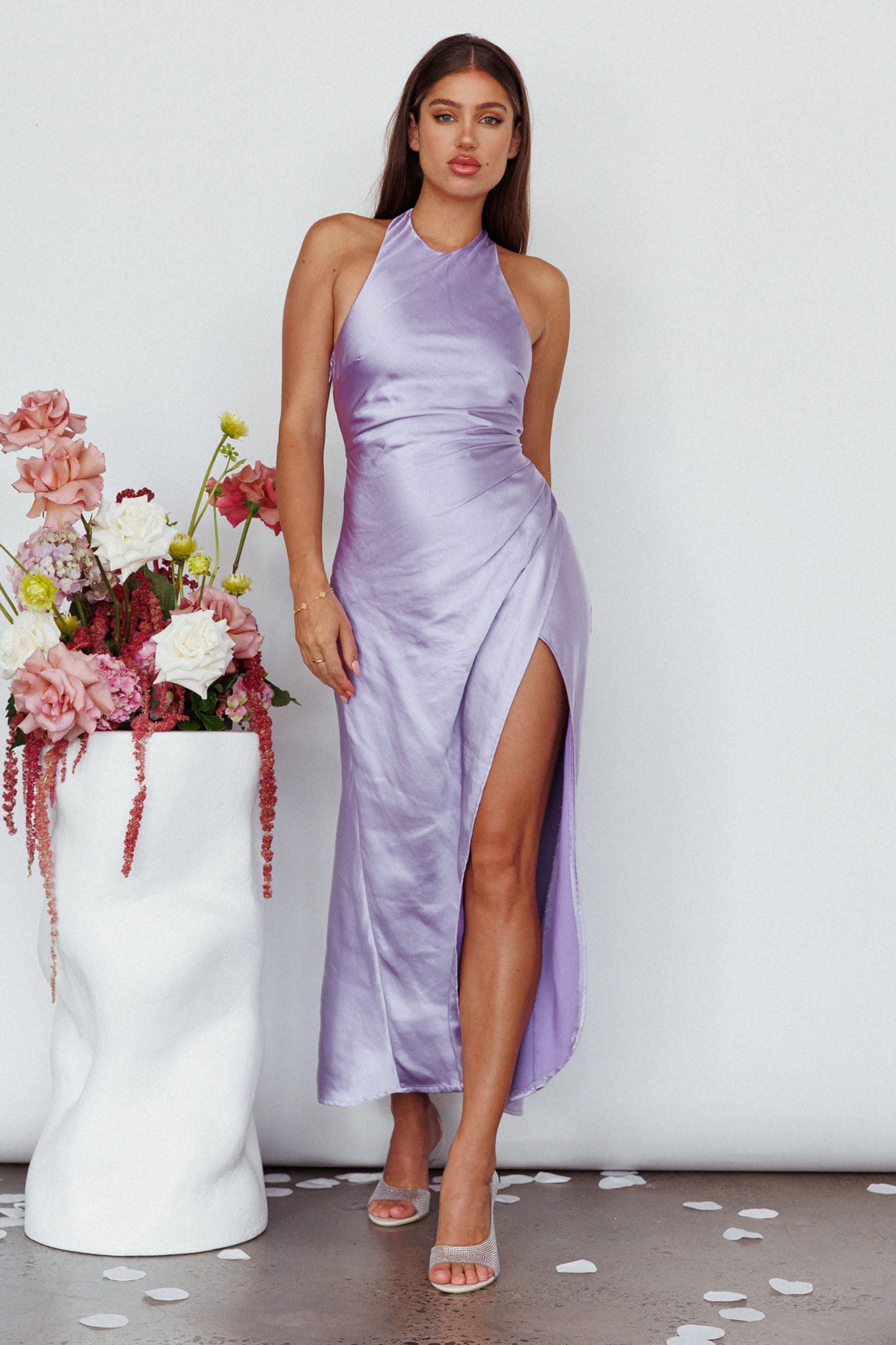 Sonoma Halterneck Faux Wrap Twist Back Maxi Dress Lavender– Selfie Leslie