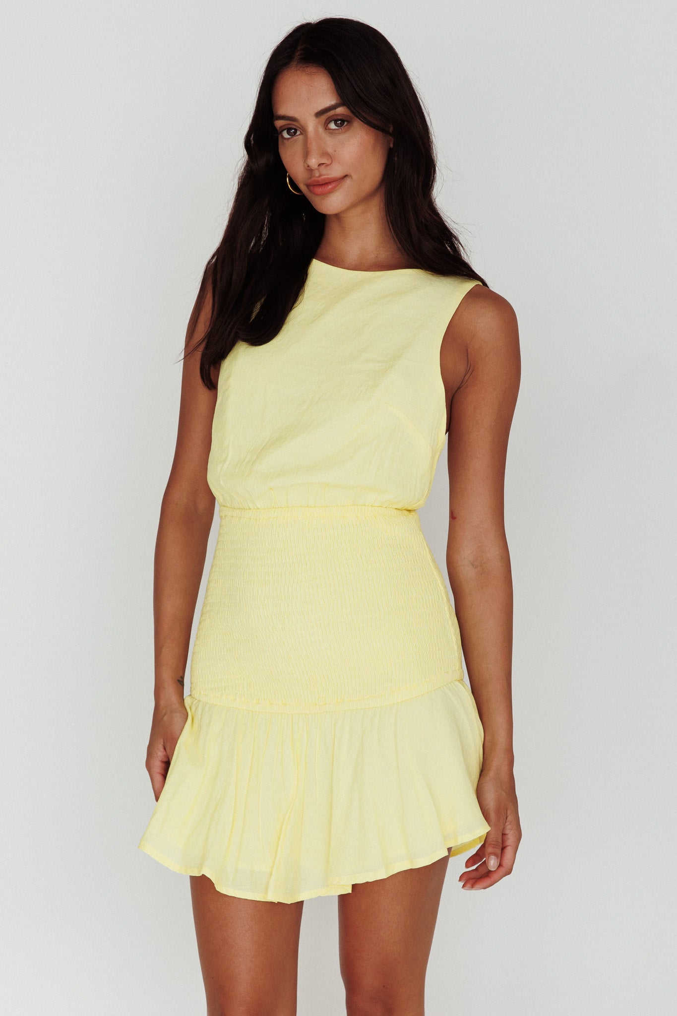 Antonine Elasticated Straps Shirred Waist Mini Dress Lemon– Selfie Leslie