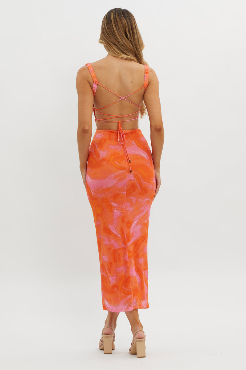 Dream Crush Lace-Up Back Side Split Maxi Dress Swirl Green