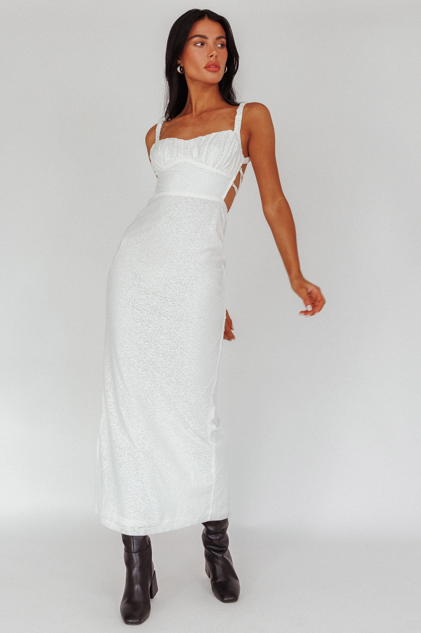 Dream Crush Lace-Up Back Mesh Overlay Midi Dress White - XL Dream Crush Lace-Up Back Mesh Overlay Midi Dress White - XL