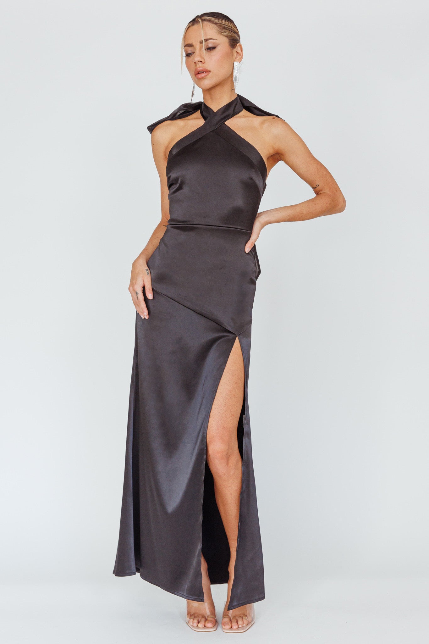 Andria Halterneck Bow Satin Maxi Dress Black Selfie Leslie Andria Halterneck Bow Satin Maxi Dress Black Selfie Leslie