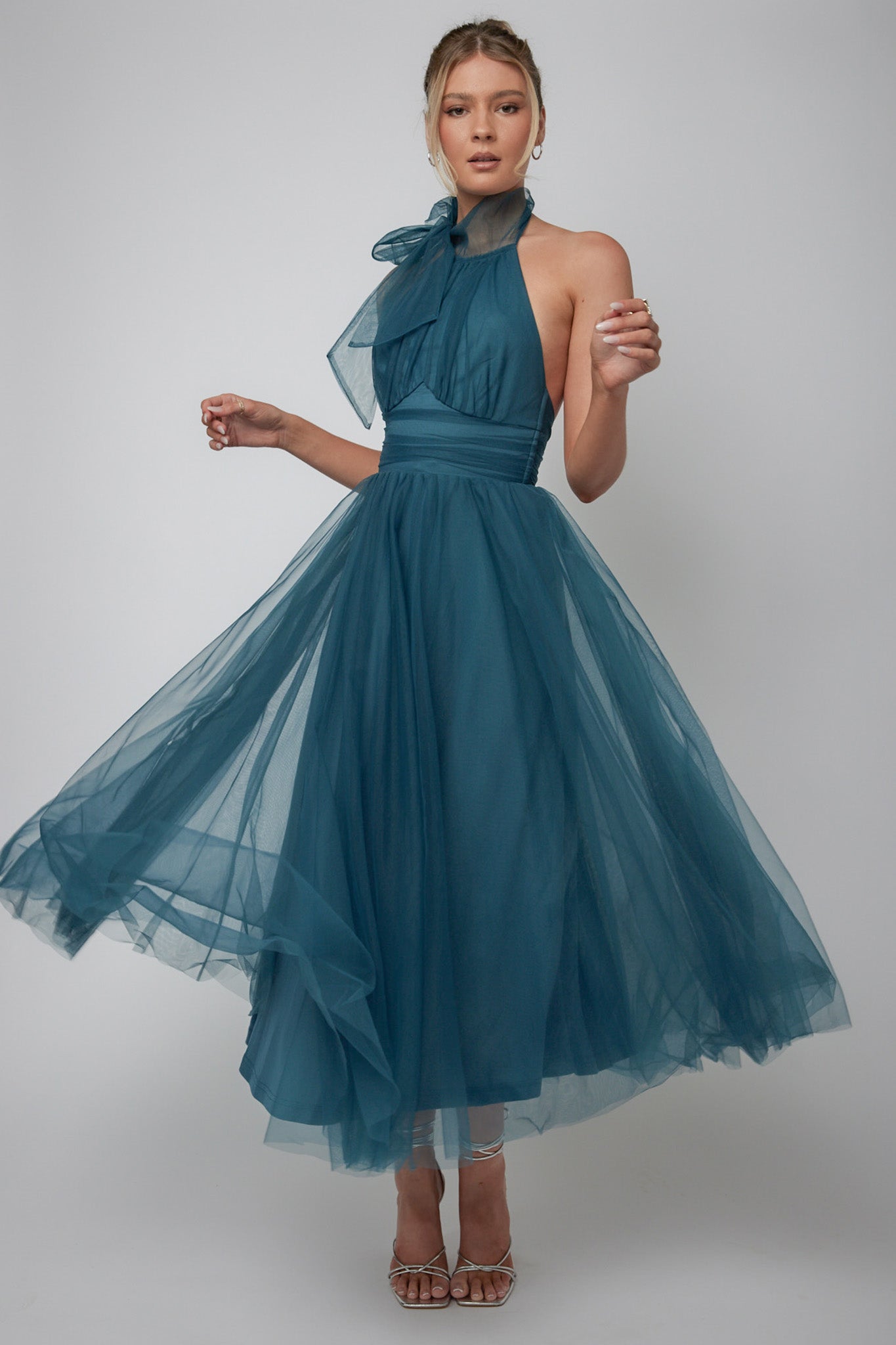 Shop the Andria Halterneck Tulle Midi Dress Teal