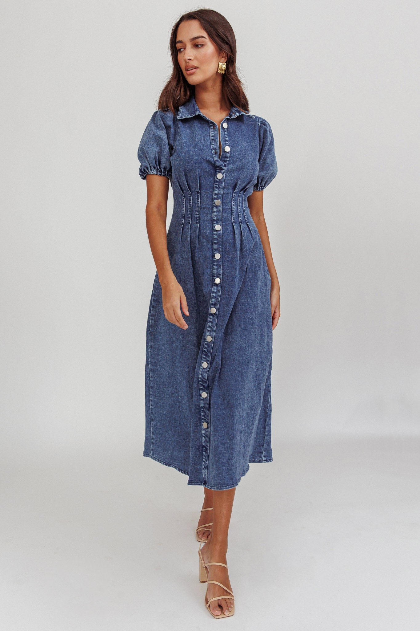 open lace back dress Zurich Pleated Waist Midi Dress Denim Dark Blue– Selfie Leslie