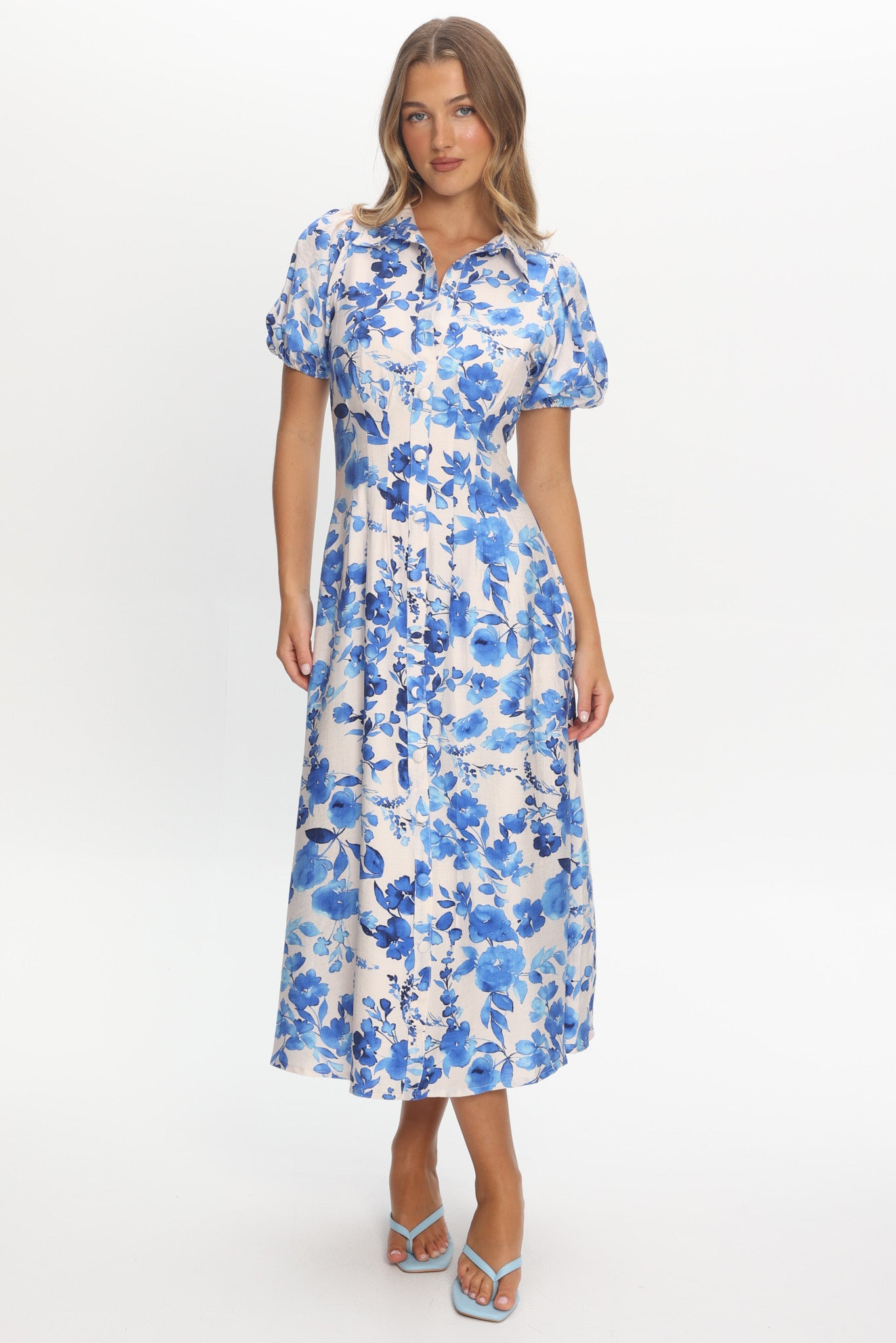 straight midi dress with sleeves Kyrah Puff Sleeve Midi Dress Floral White