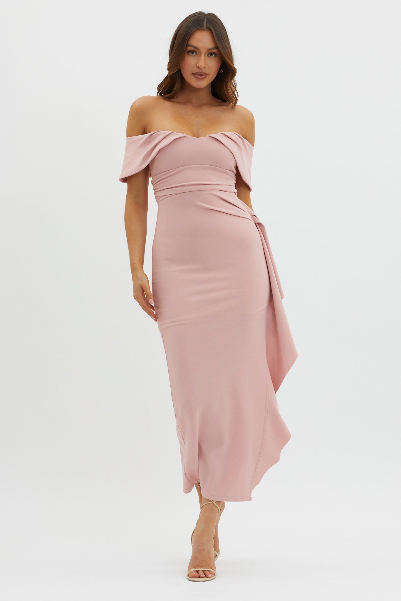 Lillianne Off-Shoulder Side Ruffle Maxi Dress Blush Selfie Leslie Lillianne Off-Shoulder Side Ruffle Maxi Dress Blush Selfie Leslie
