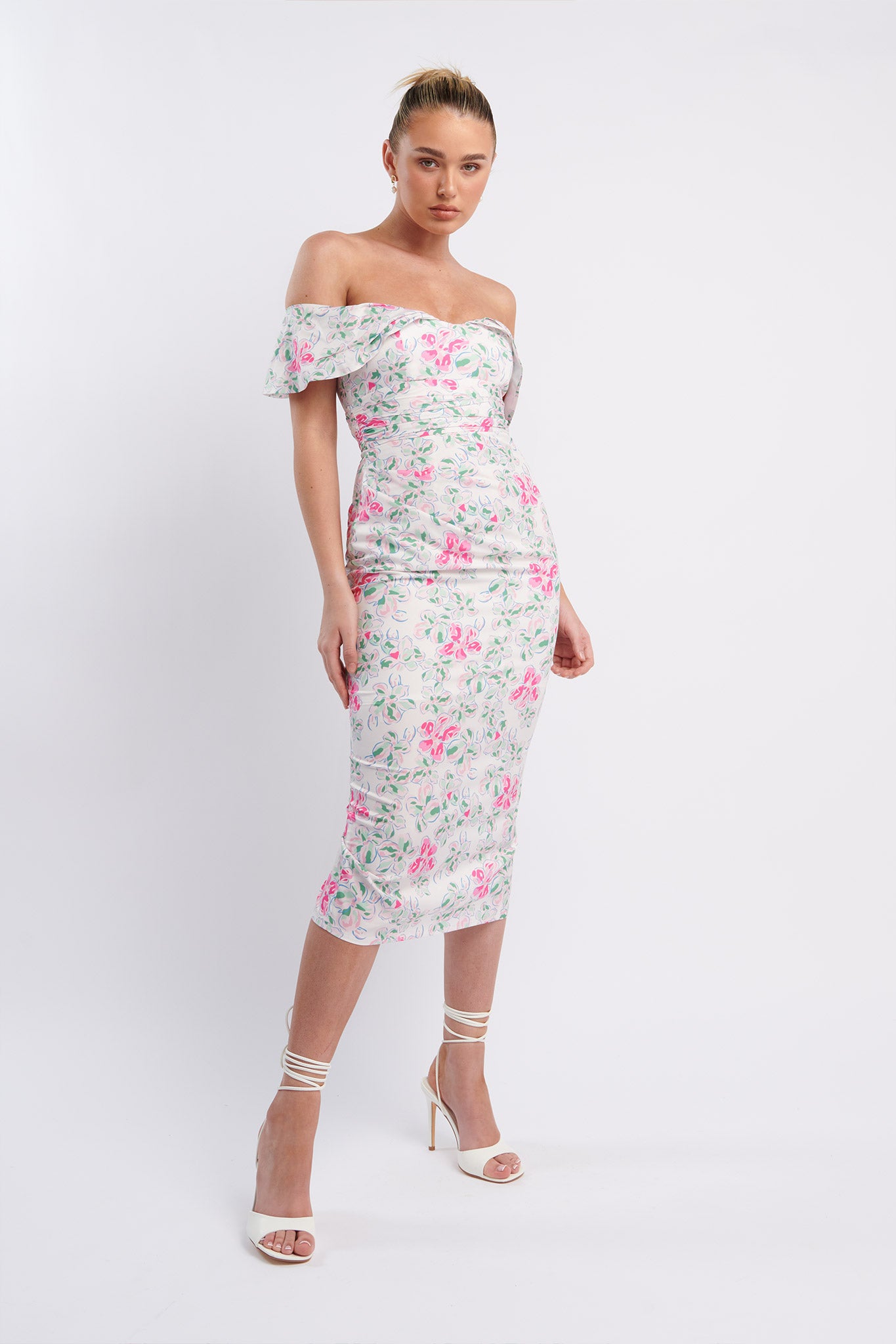 off shoulder midi dress floral Lillianne Off-Shoulder Midi Dress Floral Pink