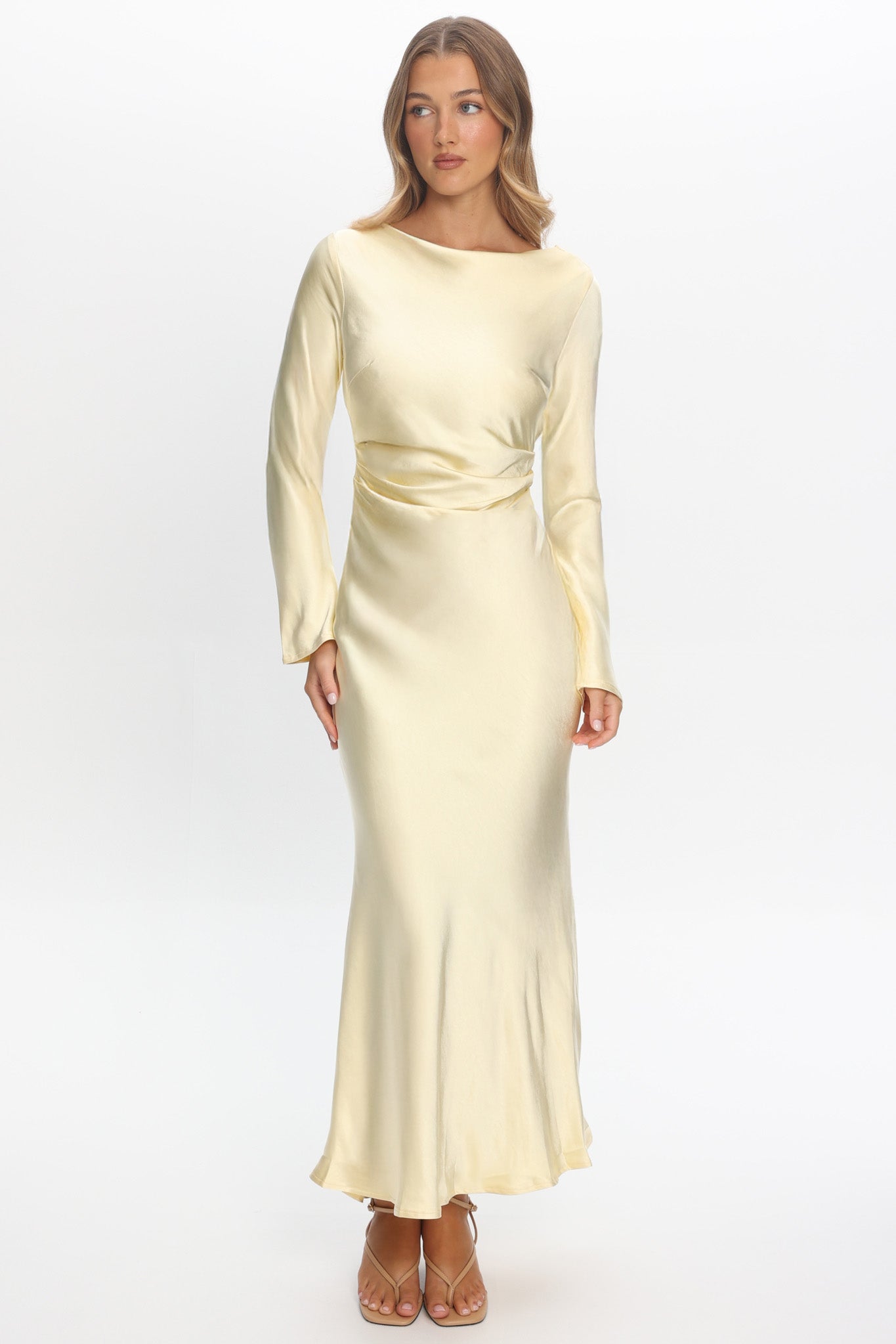 slim fit dress slacks Dark Gold Cowl Neck Slit Tea Length Bridesmaid Dress