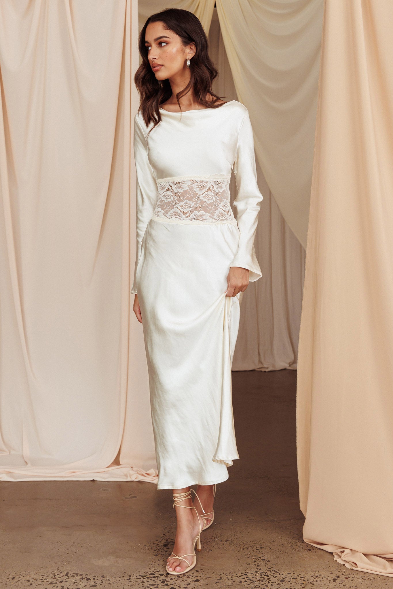 Loveland Lace Insert Cowl Back Dress Oyster Loveland Lace Insert Cowl Back Dress Oyster