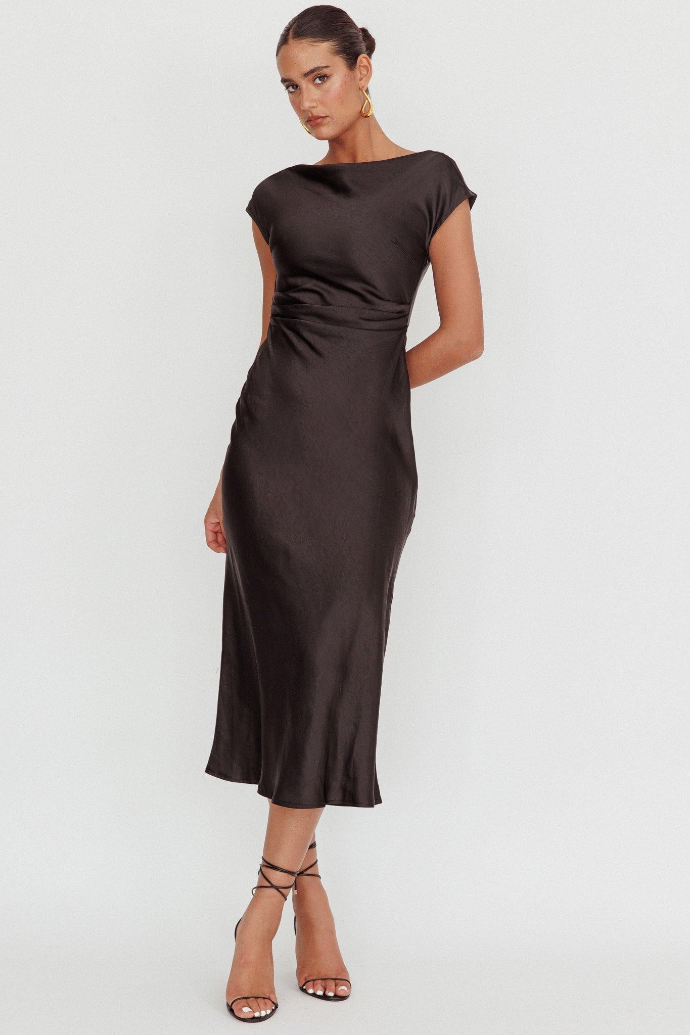 knee length dresses for ladies Black Cap Sleeve Ruched Open Back Midi Dress main image 1