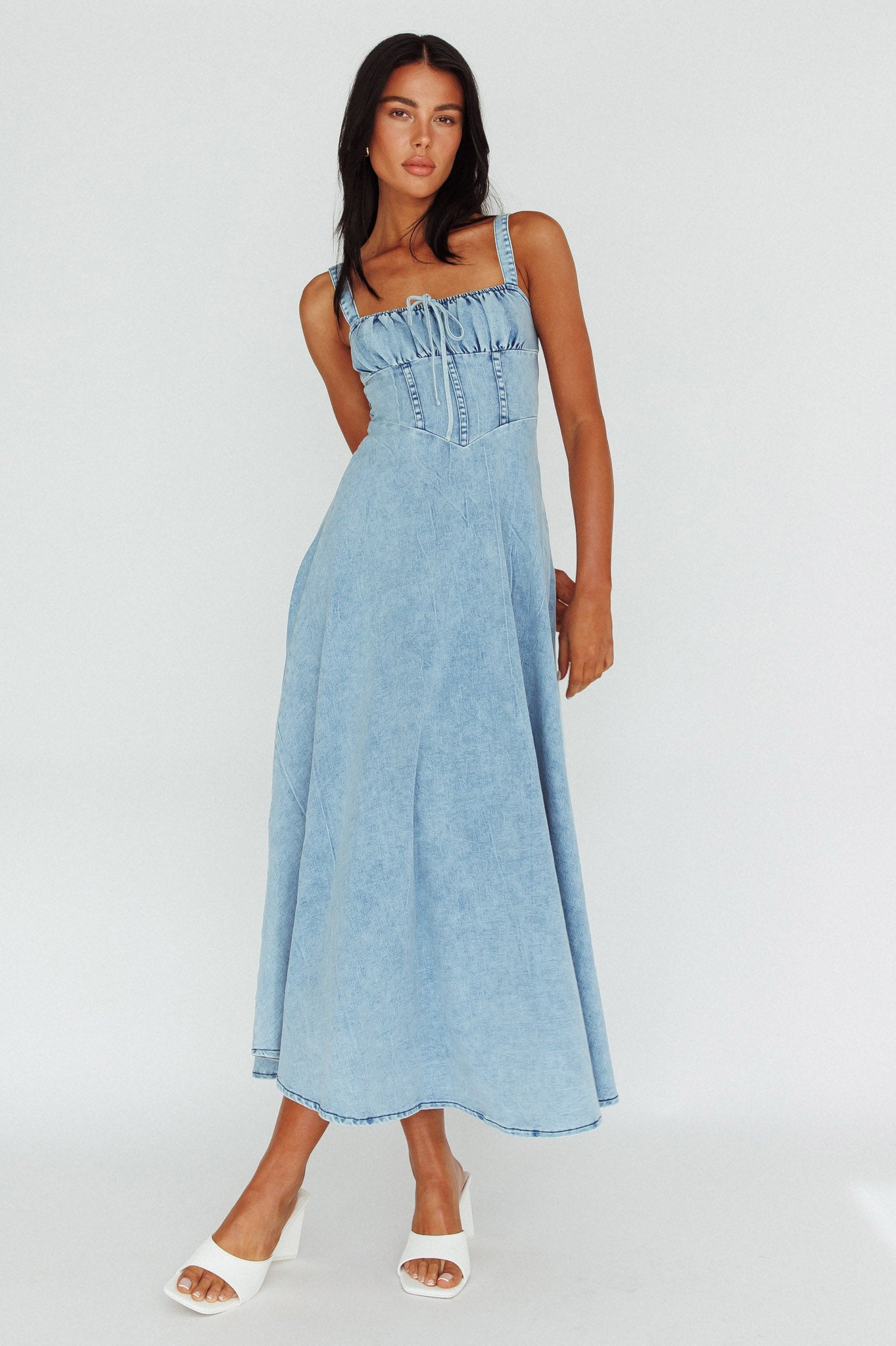 Sweet Pea Tied Bust Maxi Dress Denim Blue Selfie Leslie Sweet Pea Tied Bust Maxi Dress Denim Blue Selfie Leslie
