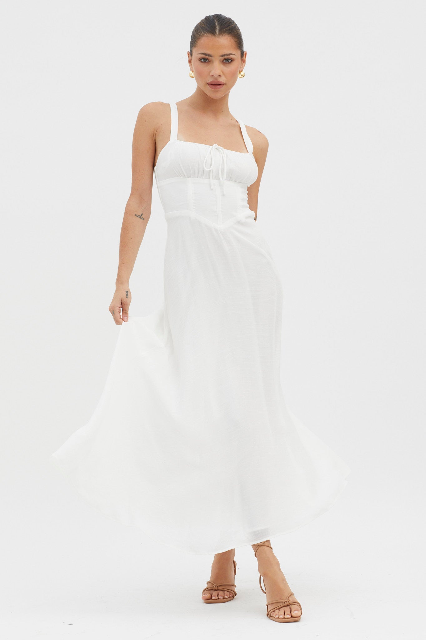 Sweet Pea Tied Bust A-Line Midi Dress White Selfie Leslie Sweet Pea Tied Bust A-Line Midi Dress White Selfie Leslie