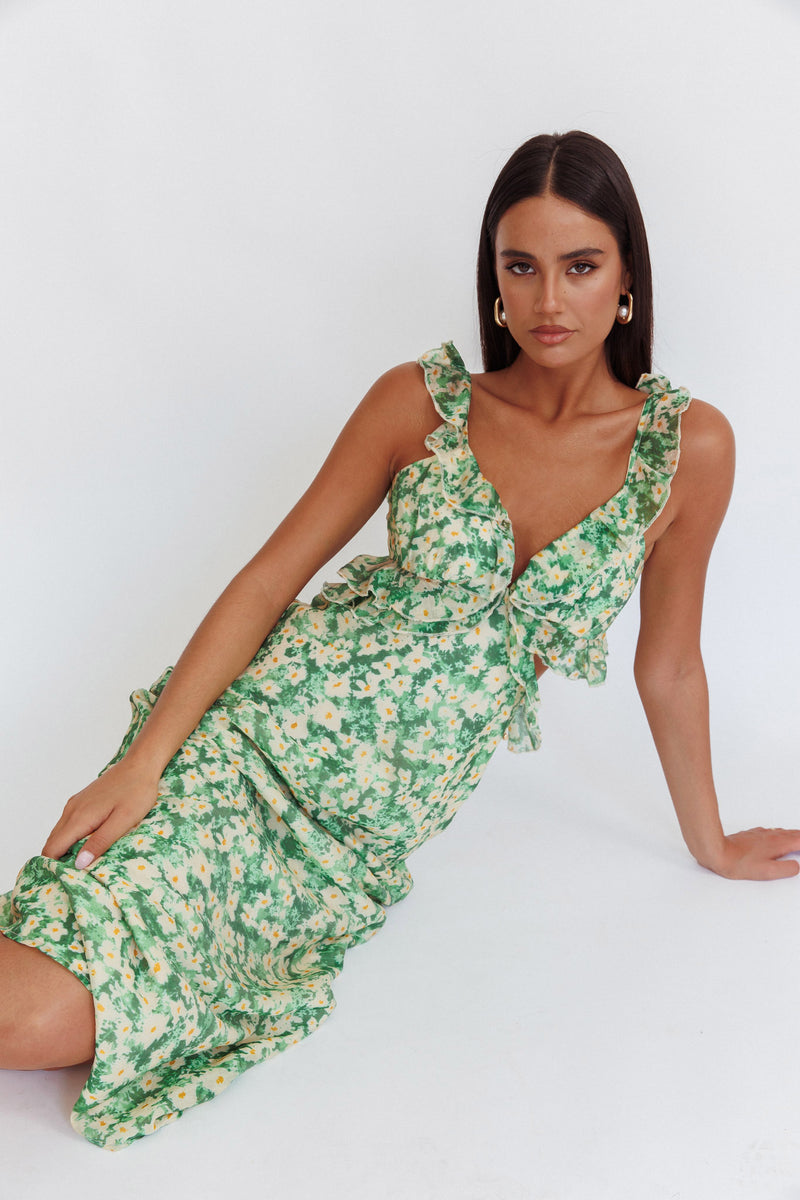 Shop the Second Chances Ruffle Trim Maxi Dress Flowers Green
