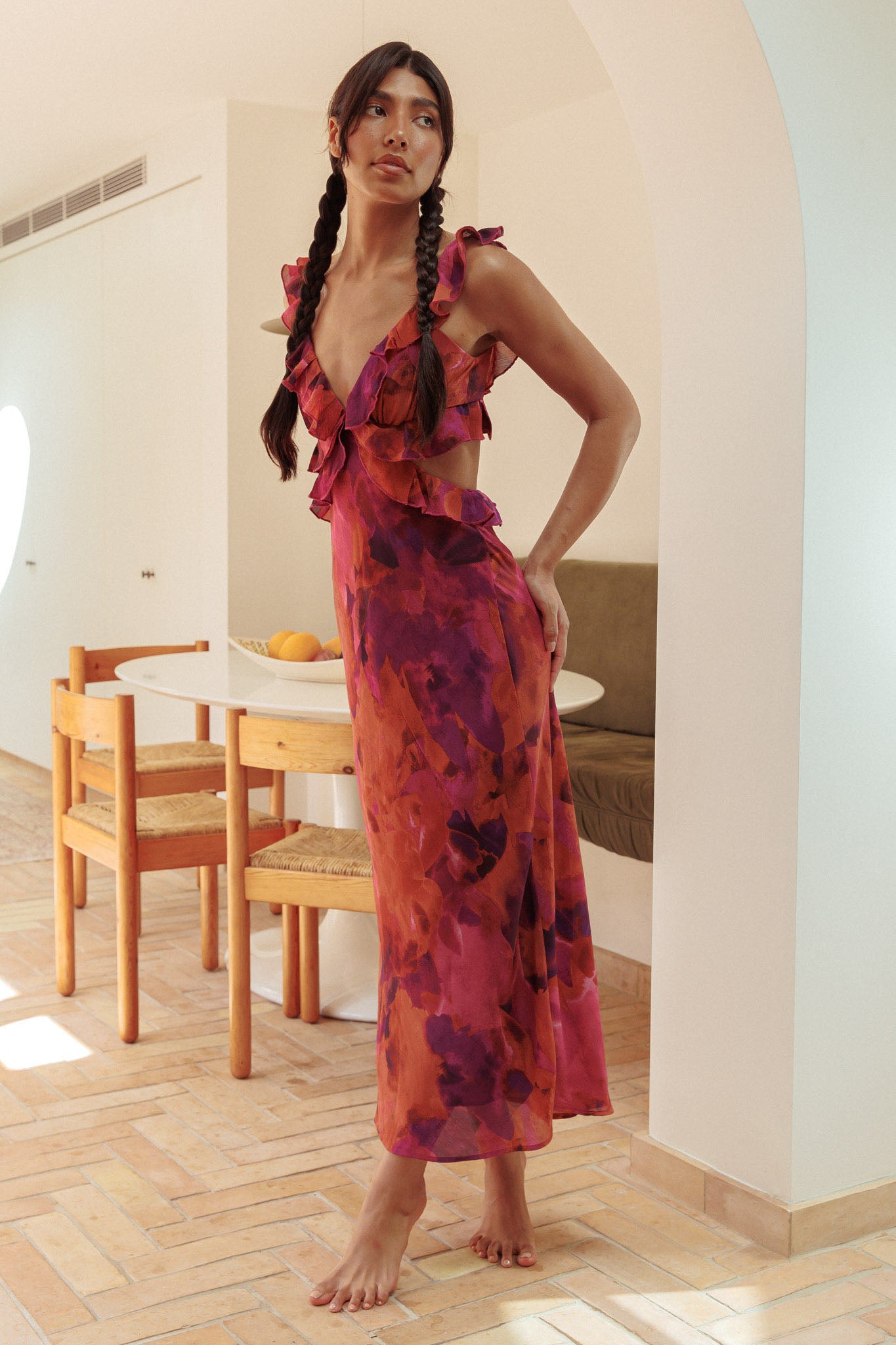 rose maxi dress Second Chances Ruffle Trim Maxi Dress Flowers Dark Rose
