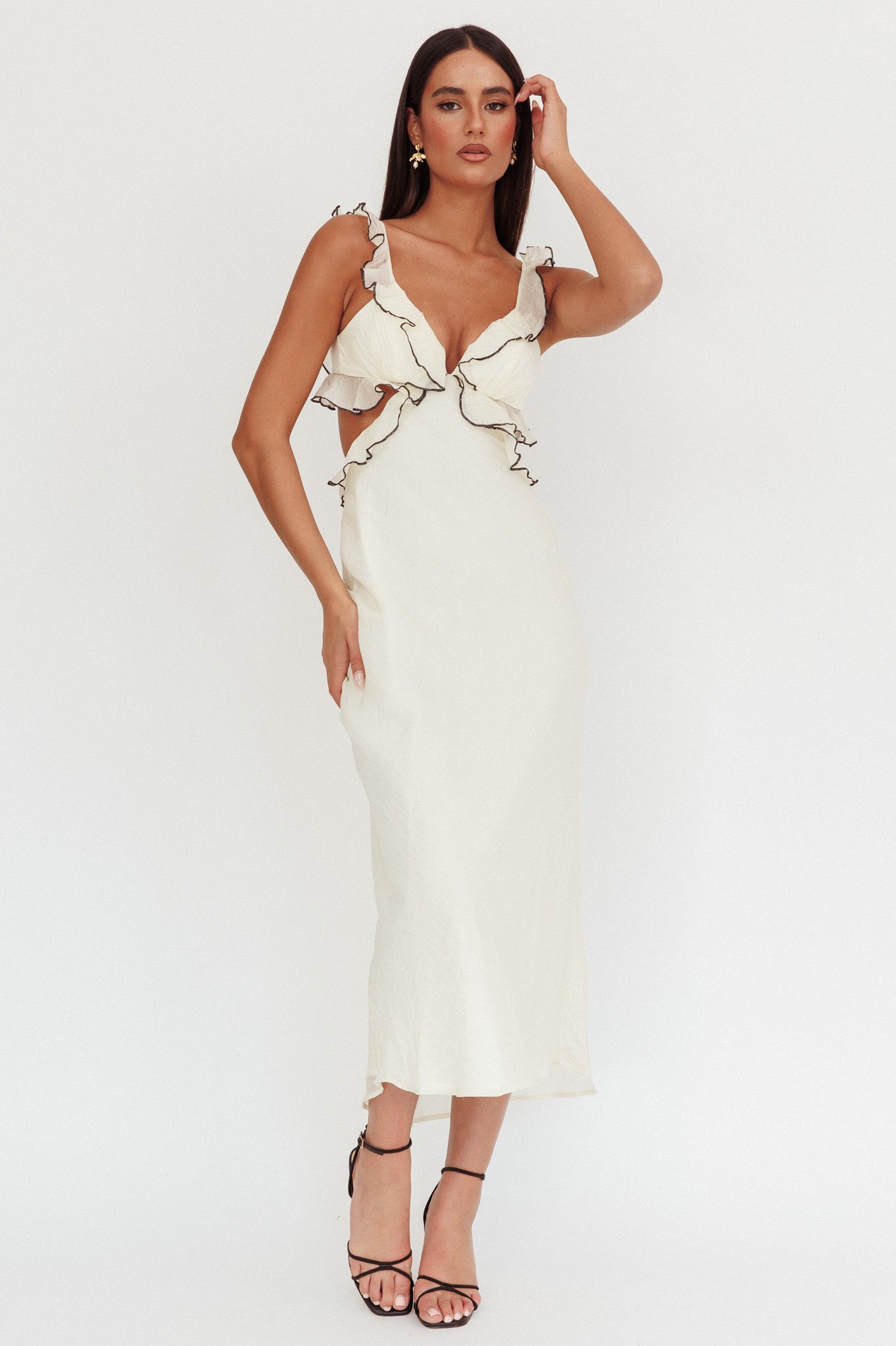 Second Chances Ruffle Trim Maxi Dress Contrast Cream - L Second Chances Ruffle Trim Maxi Dress Contrast Cream - L