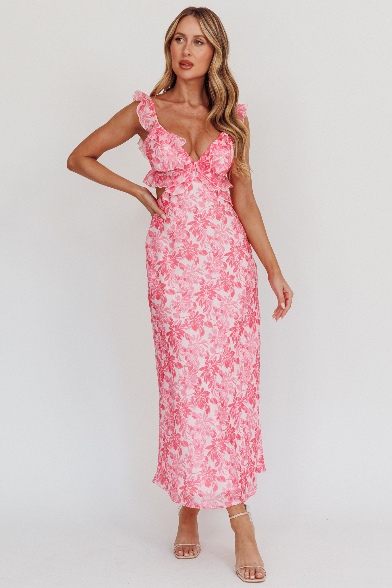 Second Chances Ruffle Trim Maxi Dress Floral Pink - XL Second Chances Ruffle Trim Maxi Dress Floral Pink - XL