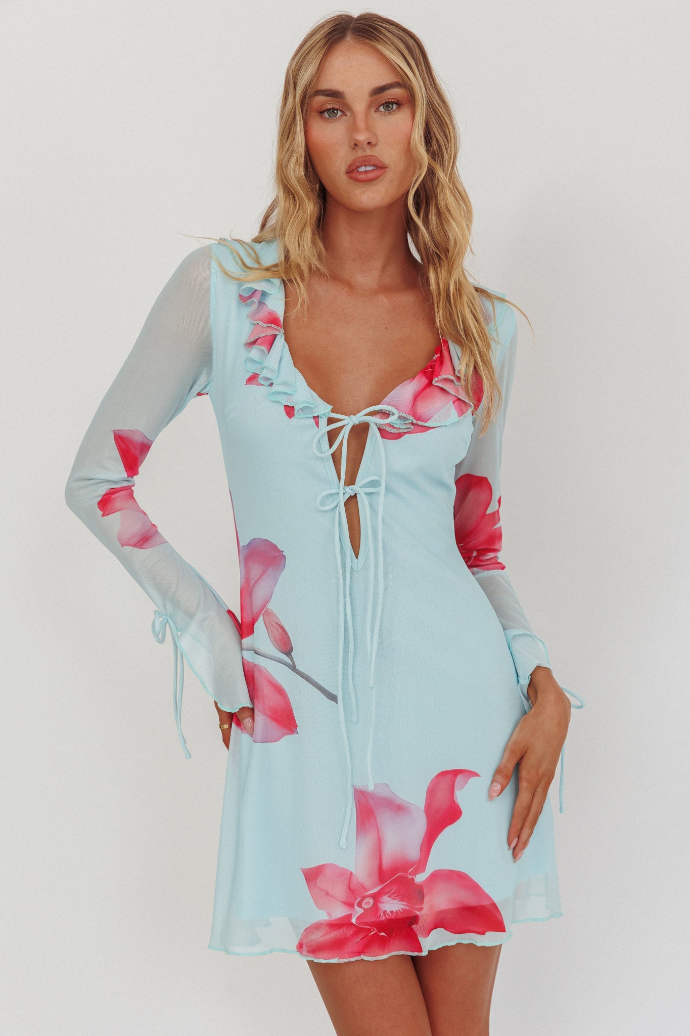 Sea Dreaming Ruffle Trim Mini Dress Floral Blue XS