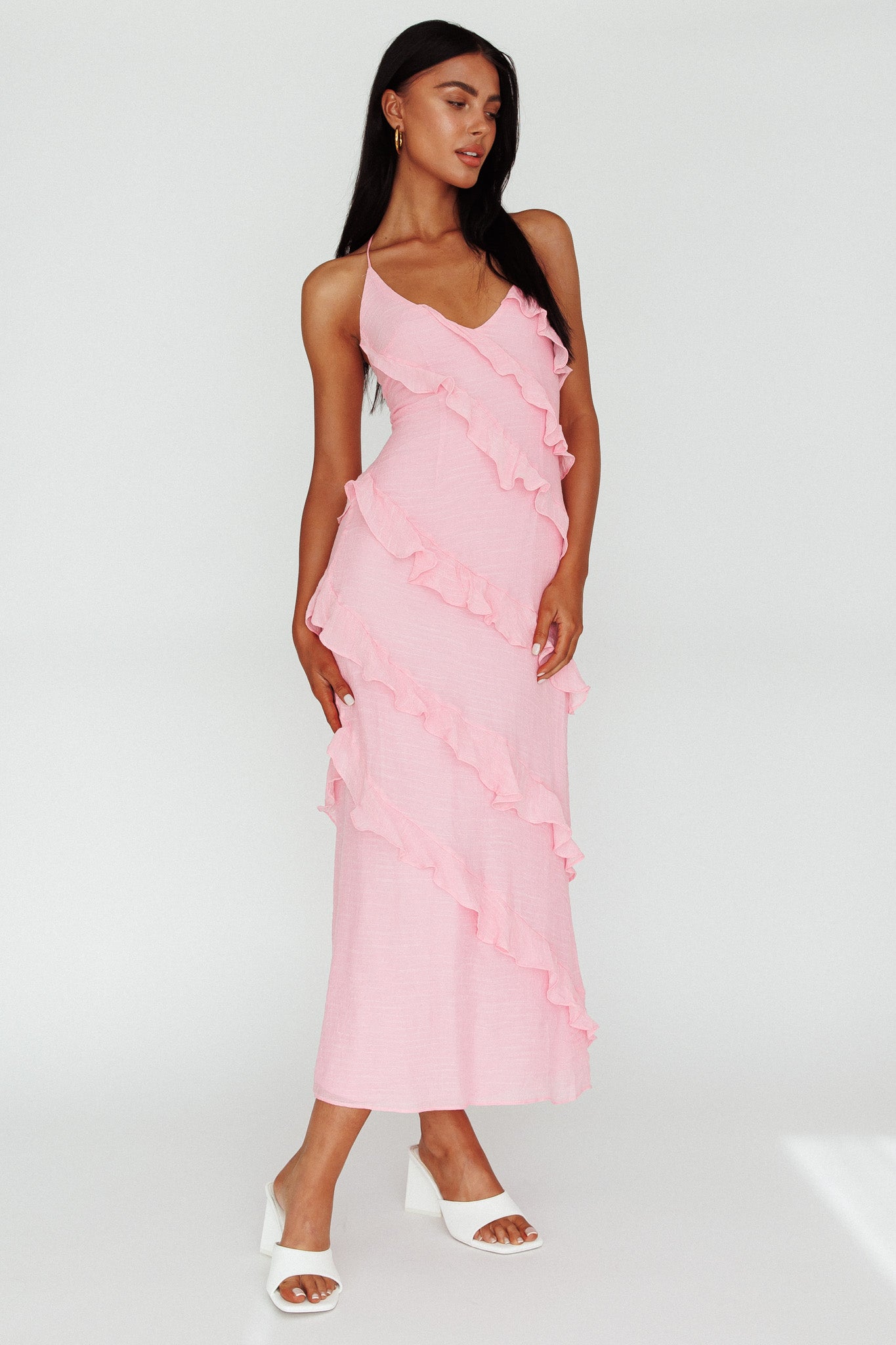 Shop the Arrabel Halterneck Ruffle Maxi Dress Pink