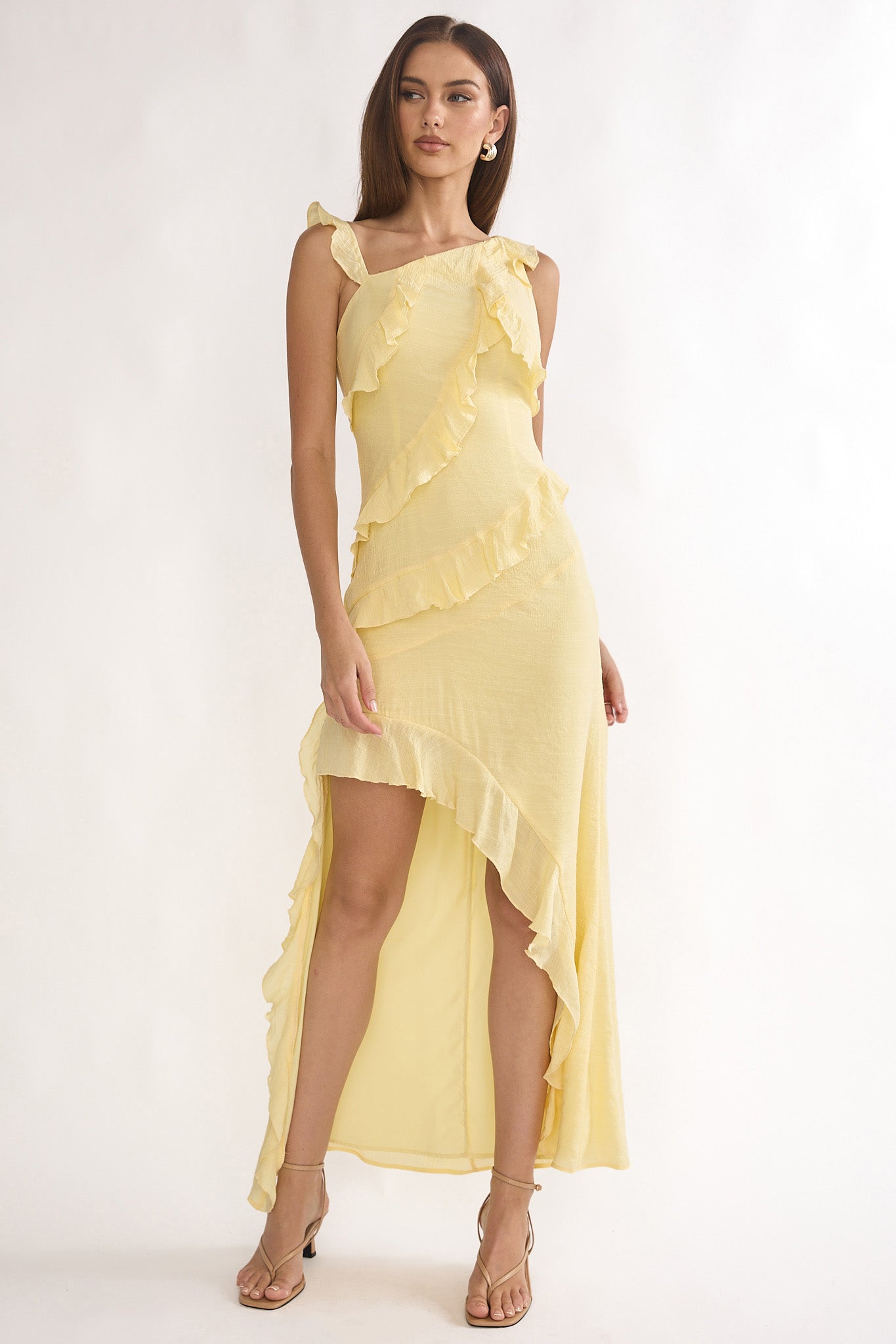 Arrabel Asymmetric Hem Ruffle Maxi Dress Lemon Selfie Leslie