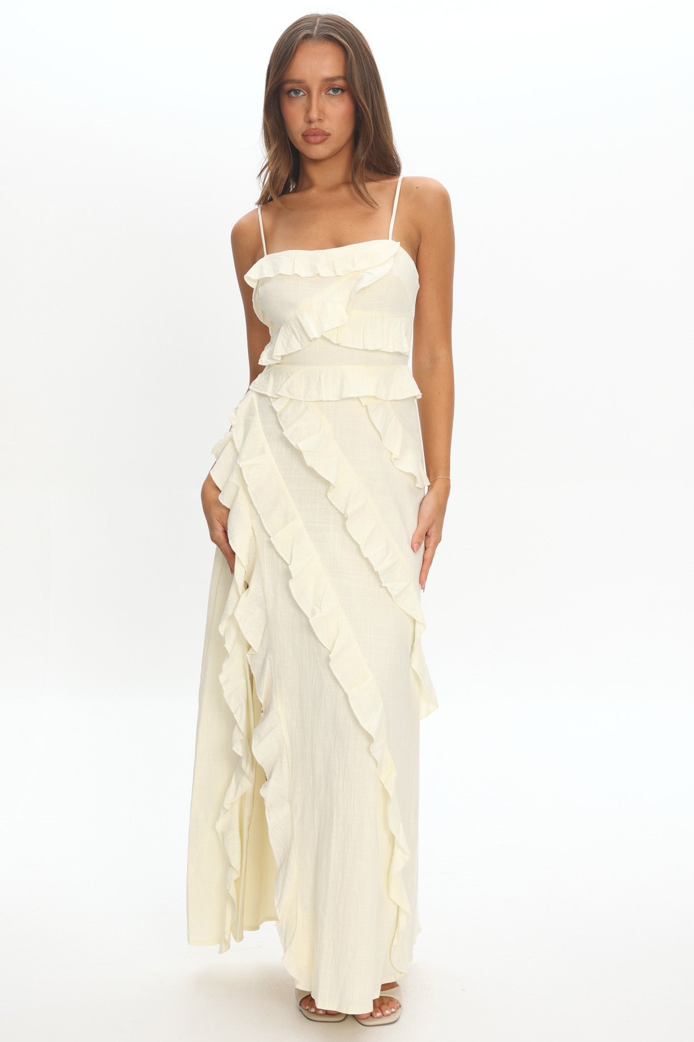 ivory ruffle dress Arrabel Ruffle Split Maxi Dress Ivory