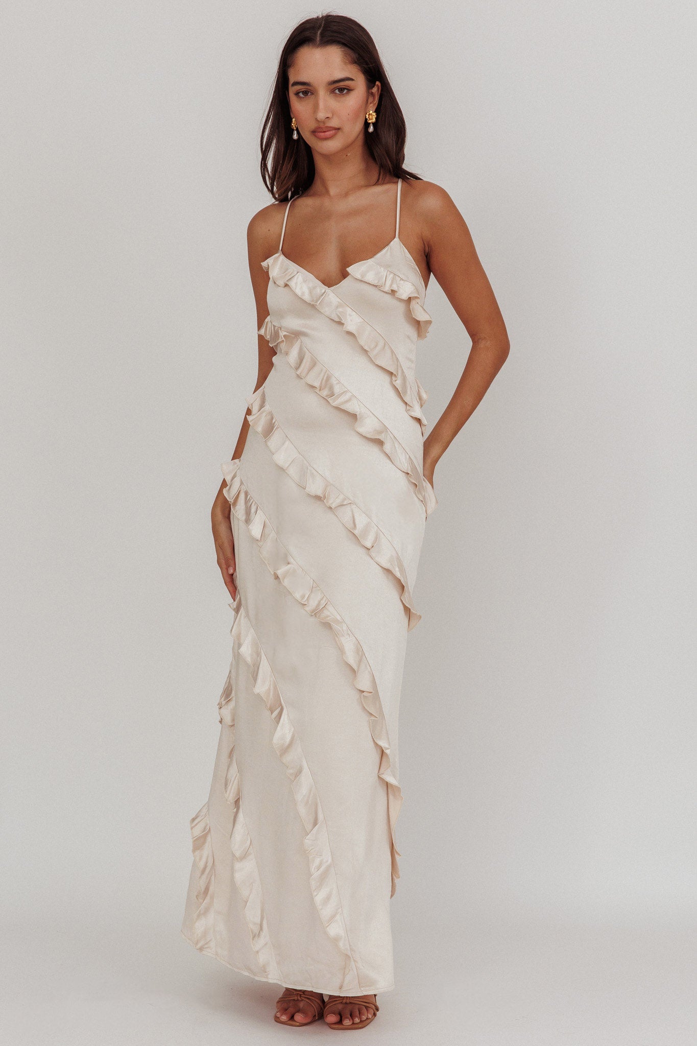 Arrabel Ruffle Trim Maxi Dress Champagne– Selfie Leslie