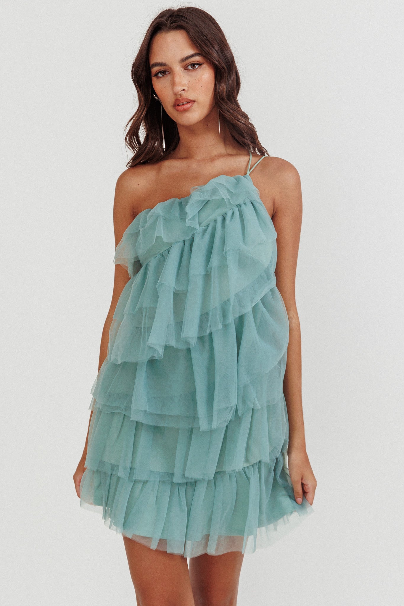 Arrabel Tiered Ruffle Mesh Mini Dress Sage Arrabel Tiered Ruffle Mesh Mini Dress Sage