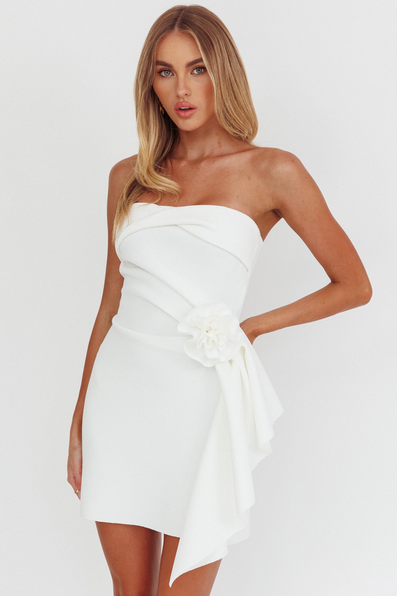 cascading mini dress Sasha Cascade Ruffle Rosette Mini Dress White