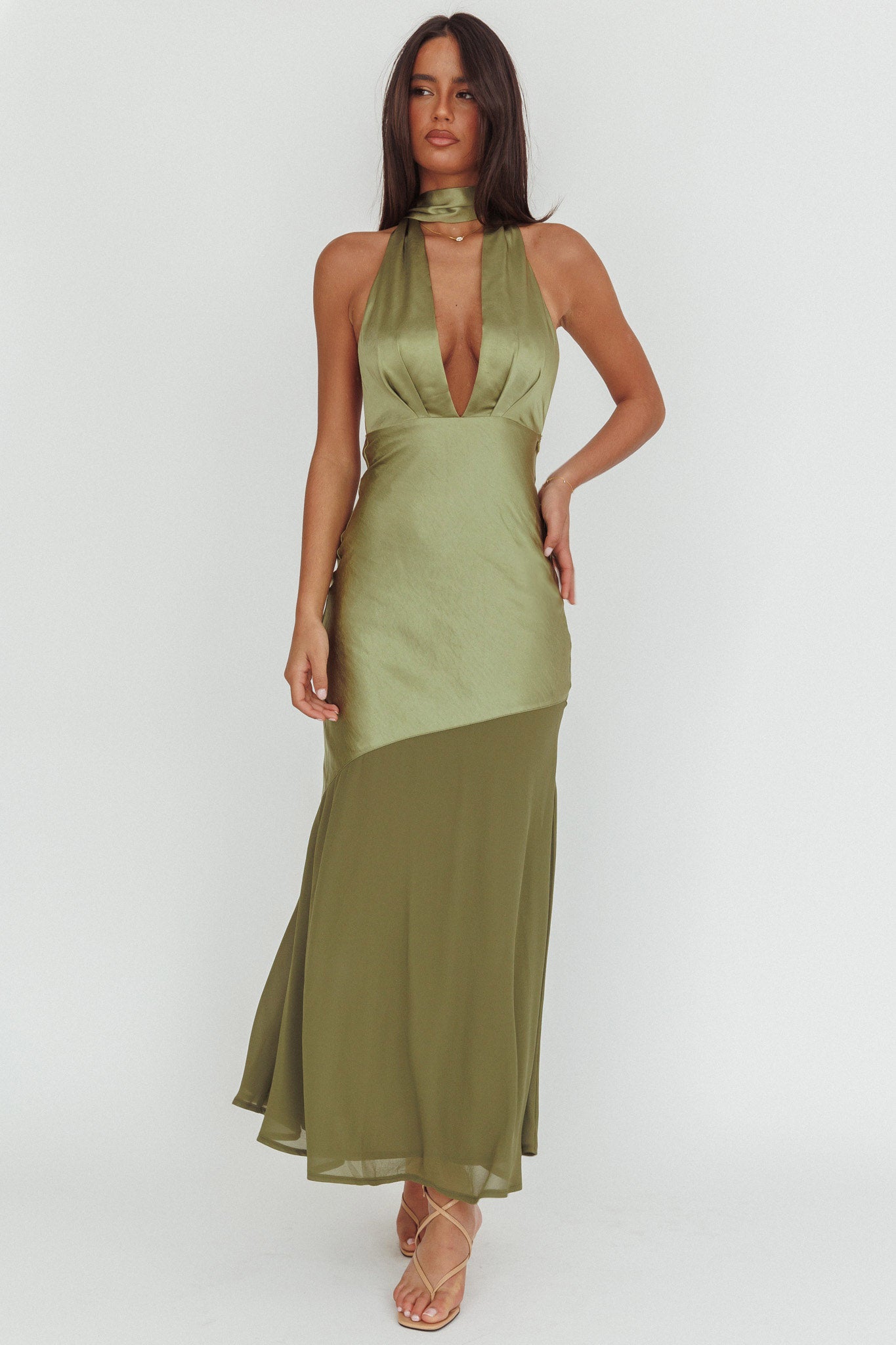 Shop the Italia Azure Halterneck Sheer Hem Maxi Dress Olive
