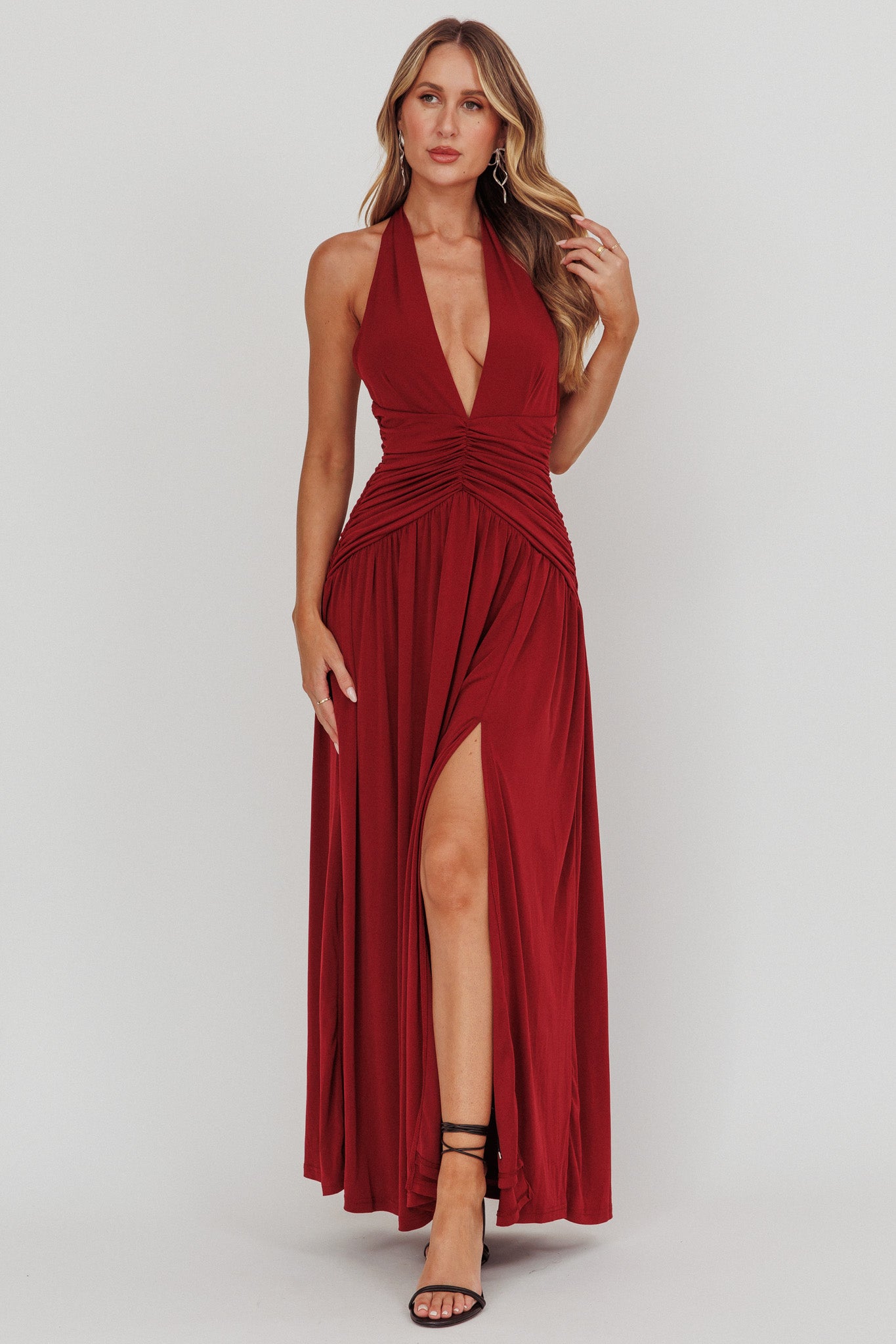 Italia Azure Gathered Waist Maxi Dress Wine Selfie Leslie Italia Azure Gathered Waist Maxi Dress Wine Selfie Leslie