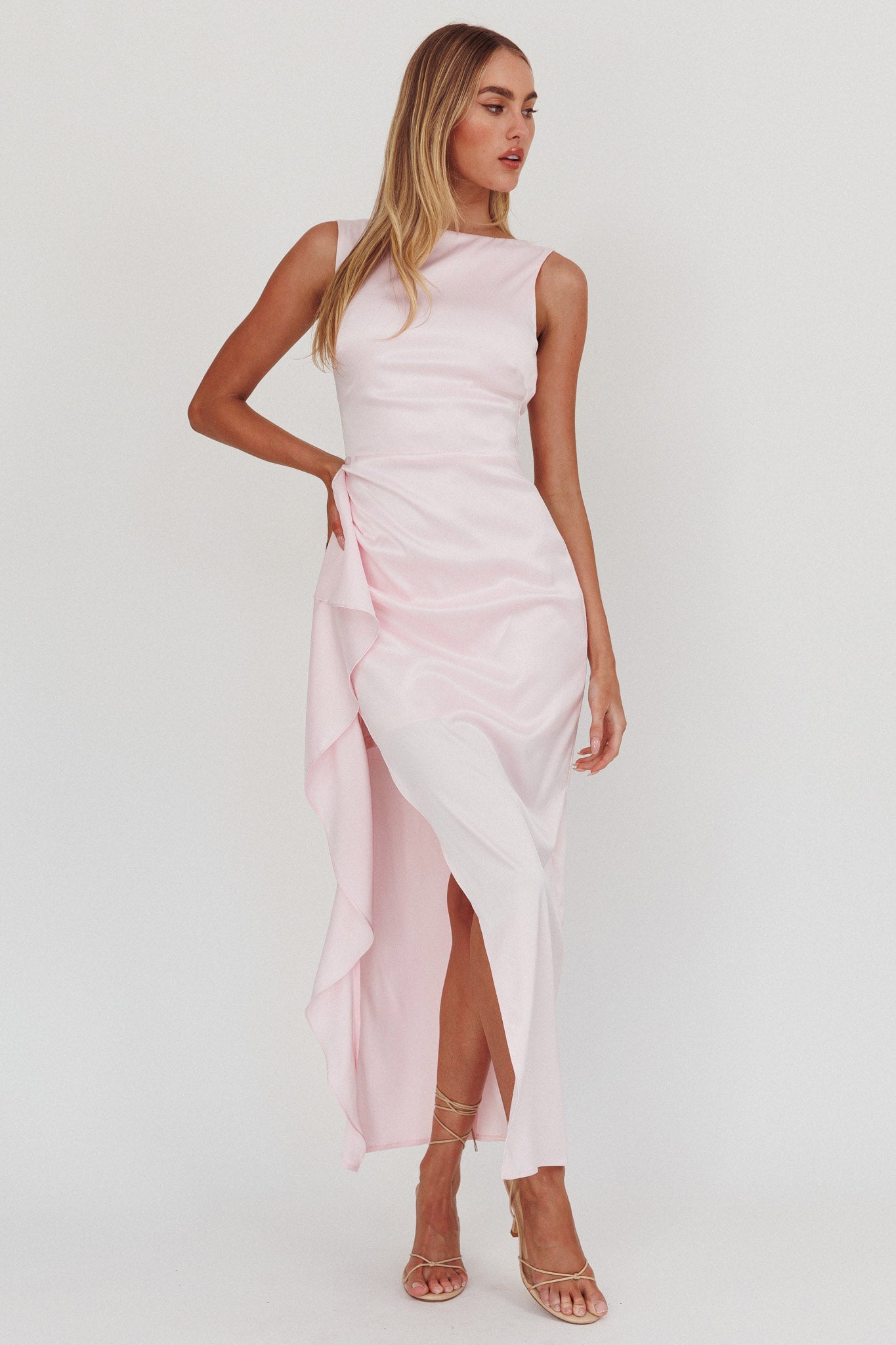 Kamillia Boat Neck Split Maxi Dress Ice Pink XL