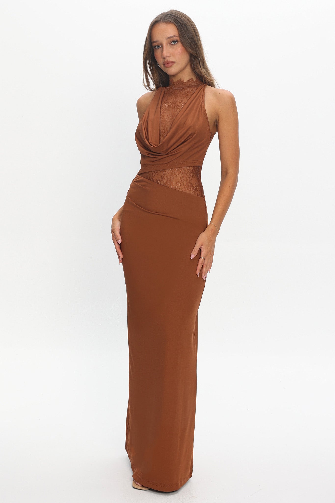 Lorely Lace Bodice Cowl Maxi Dress Chocolate - M Lorely Lace Bodice Cowl Maxi Dress Chocolate - M