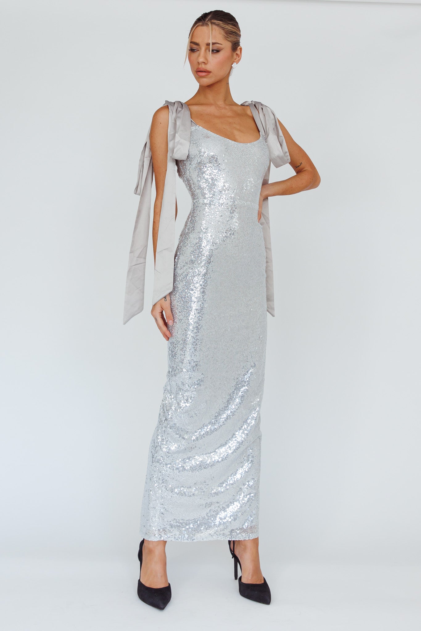 maxi birthday dress Birthday Wish Tied Shoulder Sequin Maxi Dress Silver
