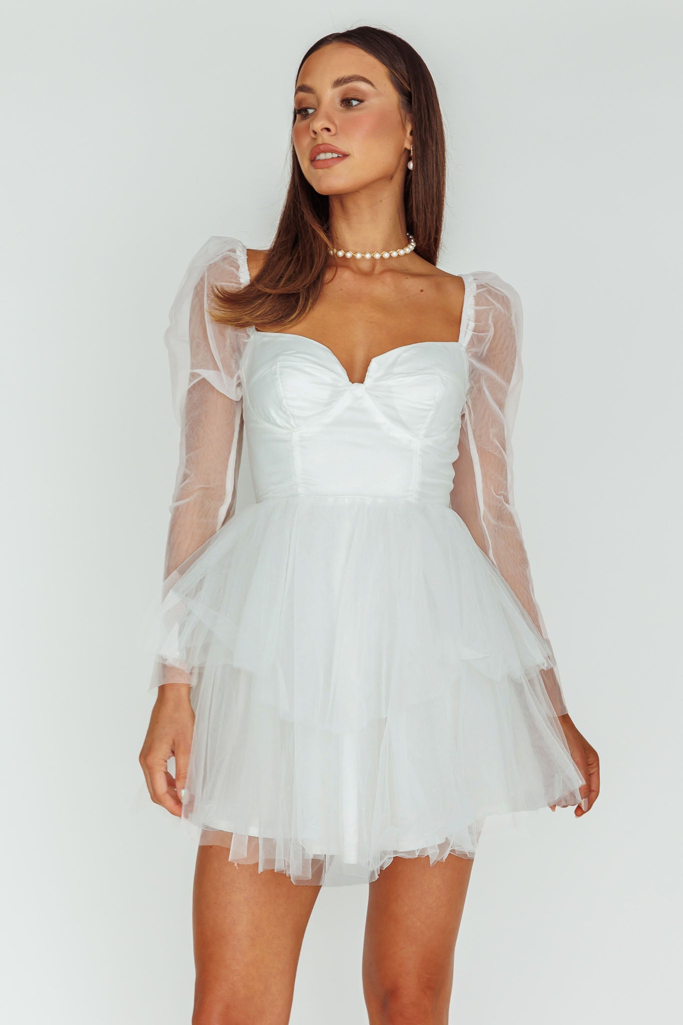 Veola Long Sleeve Tulle Mini Dress White Veola Long Sleeve Tulle Mini Dress White