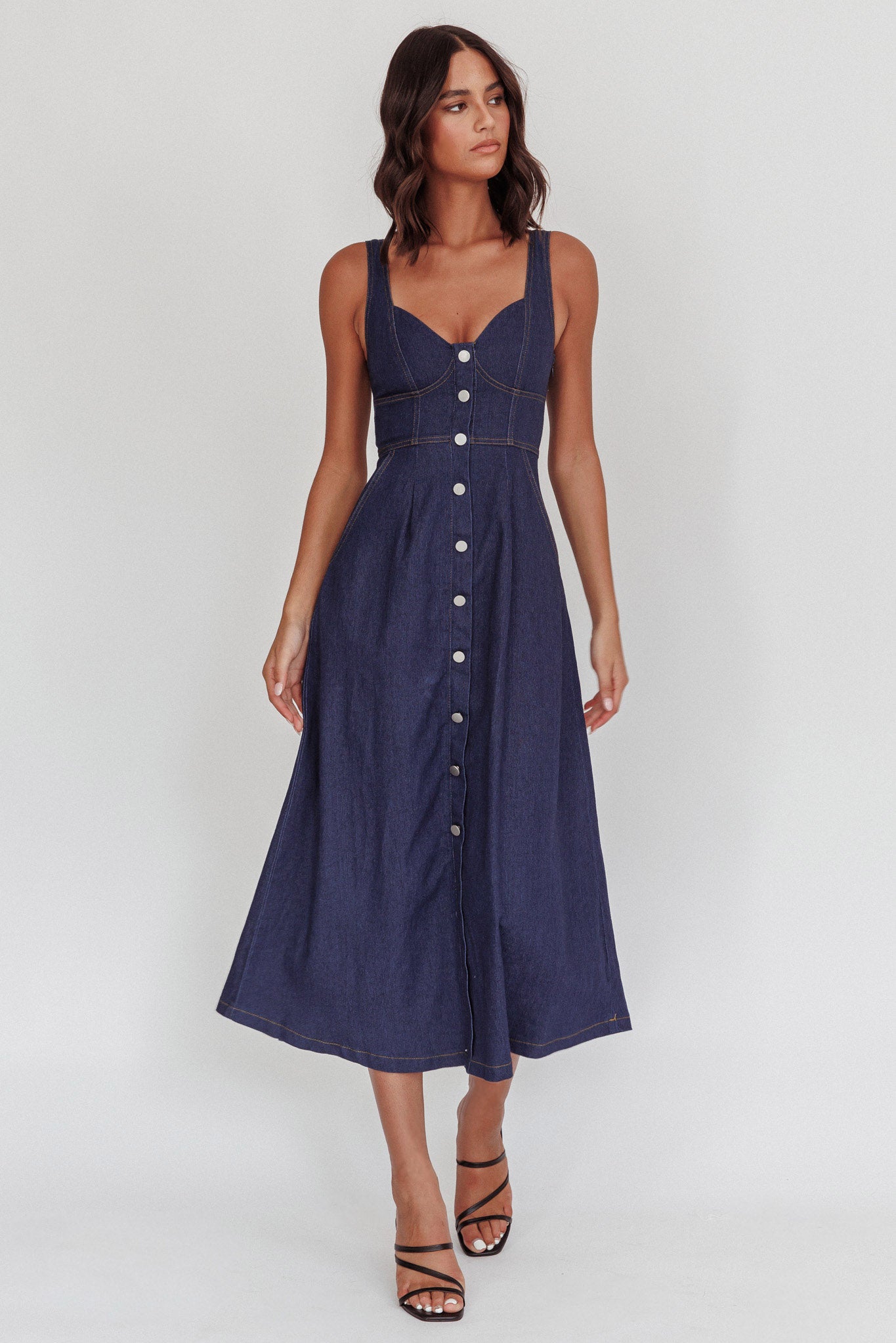 Pixie Dust Button Front Midi Dress Dark Denim | Selfie Leslie