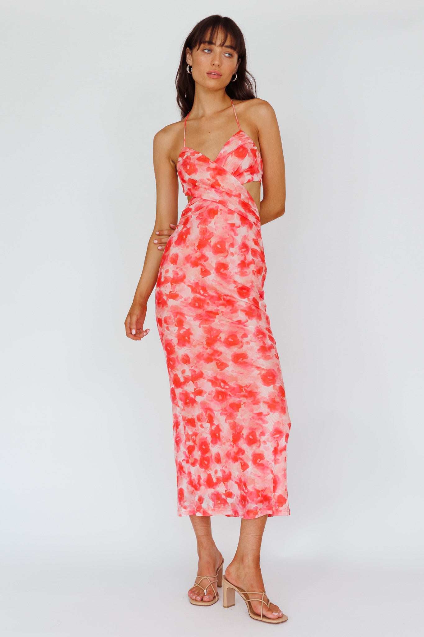 fitted lace wedding dress Alivia Tied Back Maxi Dress Floral Red