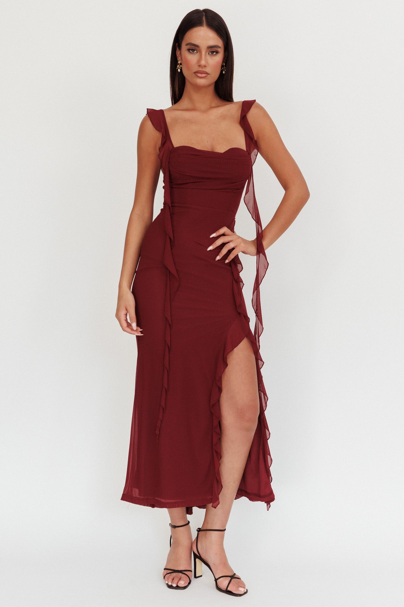 Blushing Ruffle Trim Maxi Dress Wine Selfie Leslie Blushing Ruffle Trim Maxi Dress Wine Selfie Leslie