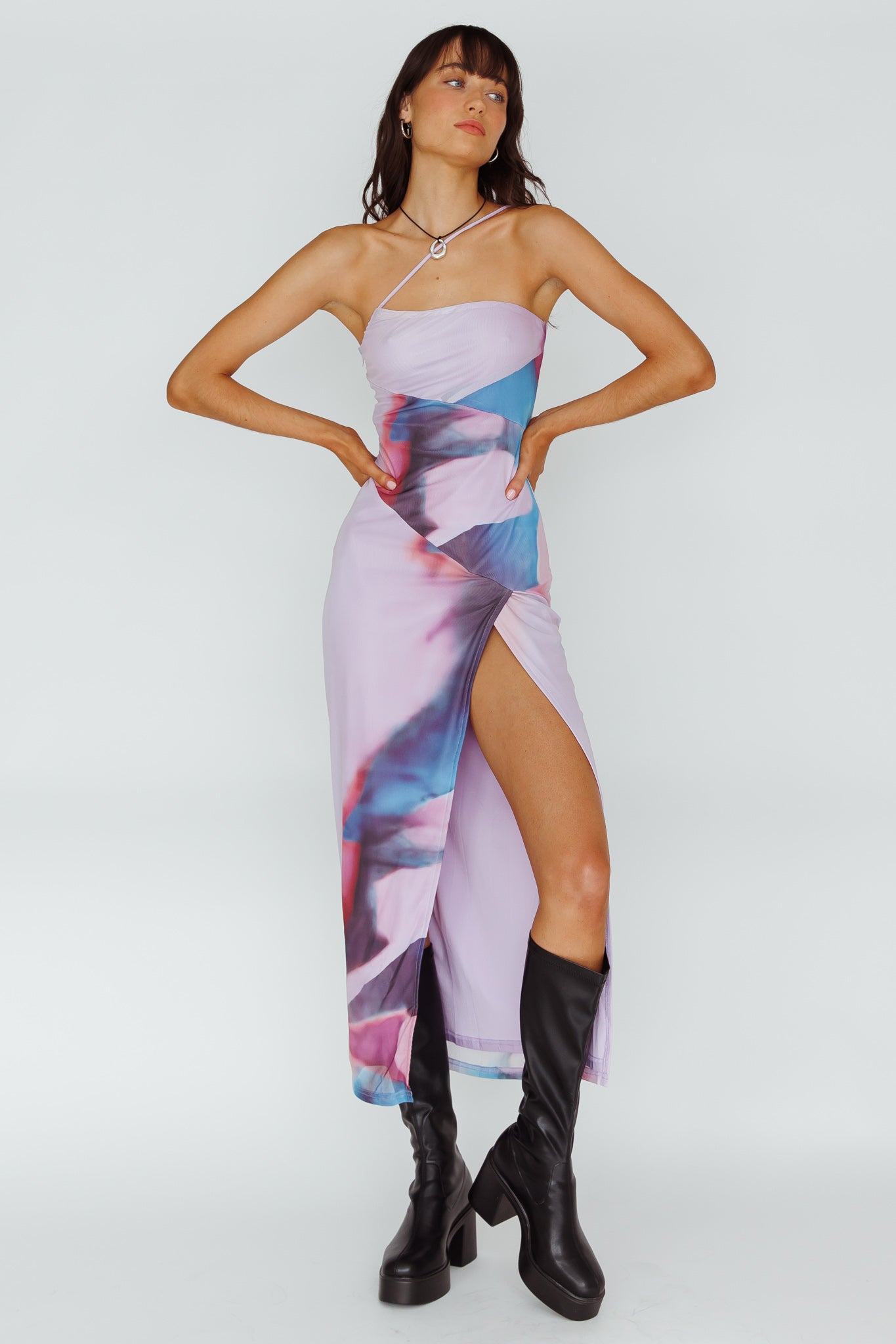 Martine One Strap Mesh Midi Dress Print Plum M