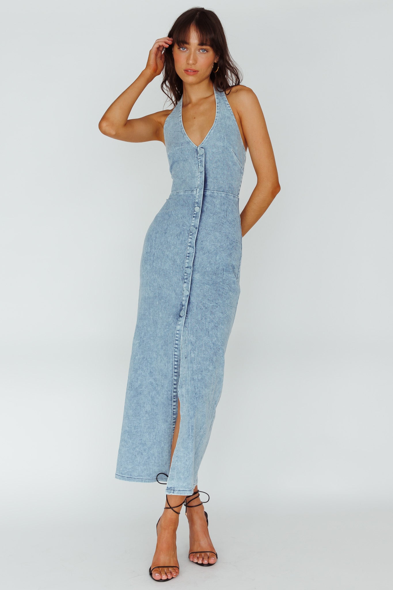 Renita Halterneck Button Maxi Dress Denim Blue Renita Halterneck Button Maxi Dress Denim Blue