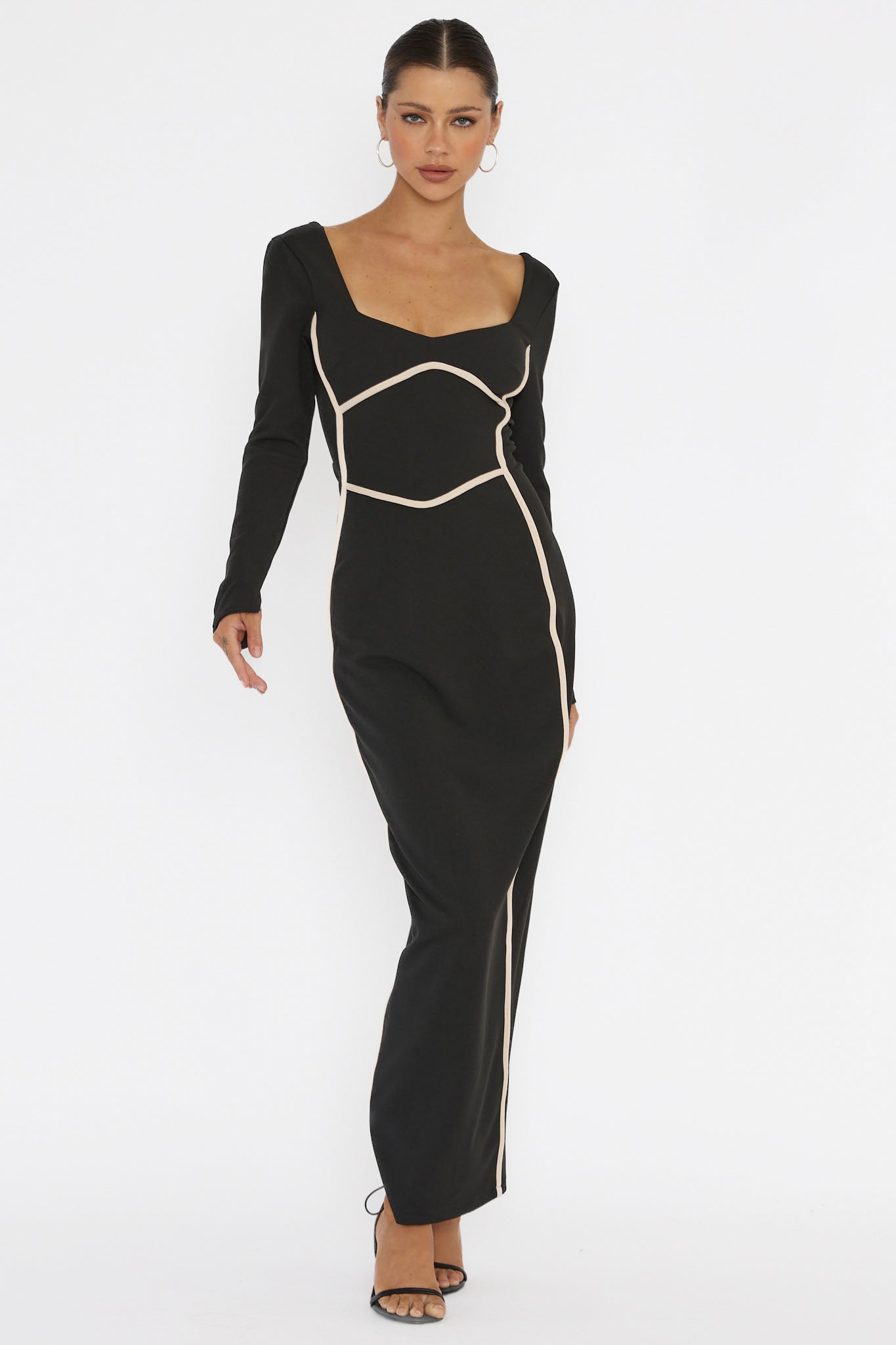Shenae Long Sleeve Piping Midi Dress Black - XS Shenae Long Sleeve Piping Midi Dress Black - XS