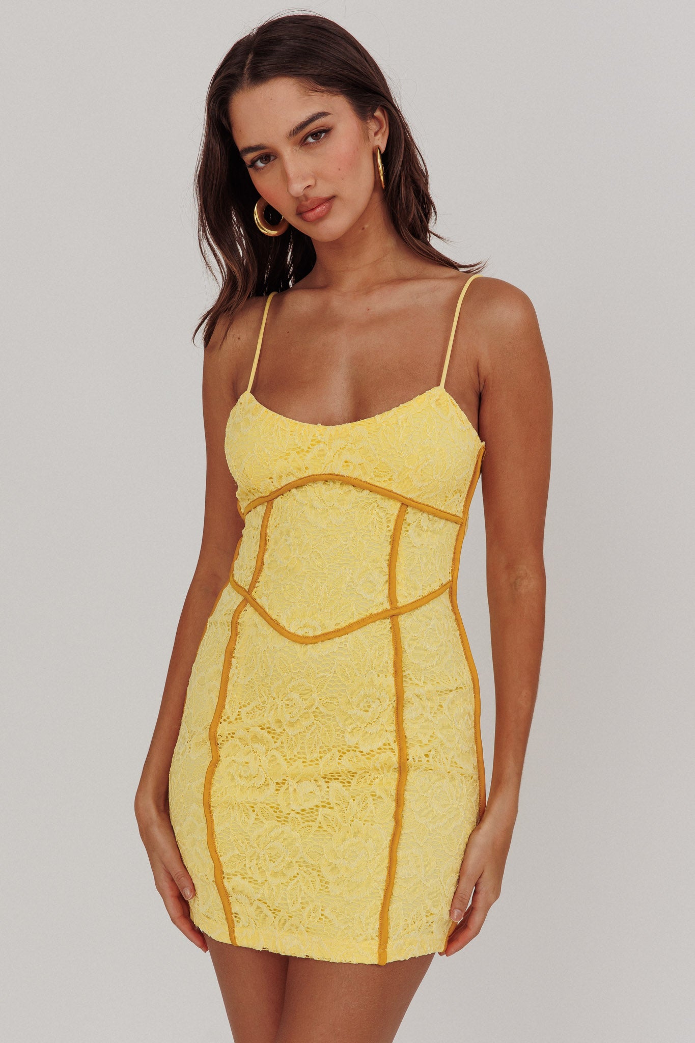 knee length dresses for ladies Shenae Piping Trim Mini Dress Lace Yellow L