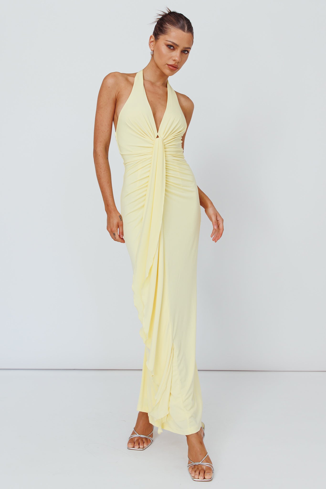Ray Of Light Ruched Halterneck Maxi Dress Lemon by Selfie Leslie