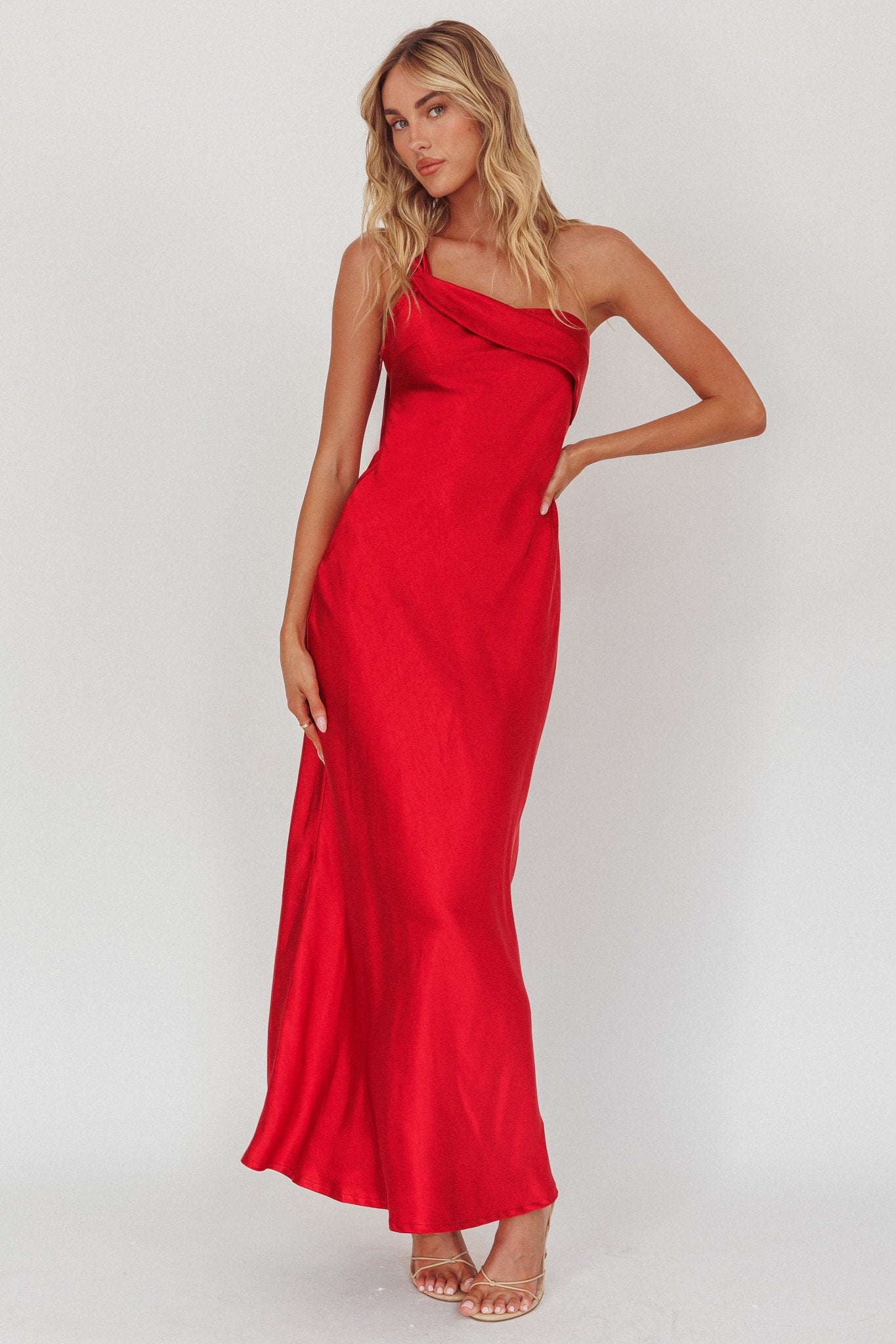 Carmel One-Shoulder Sash Maxi Dress Cherry L Carmel One-Shoulder Sash Maxi Dress Cherry L