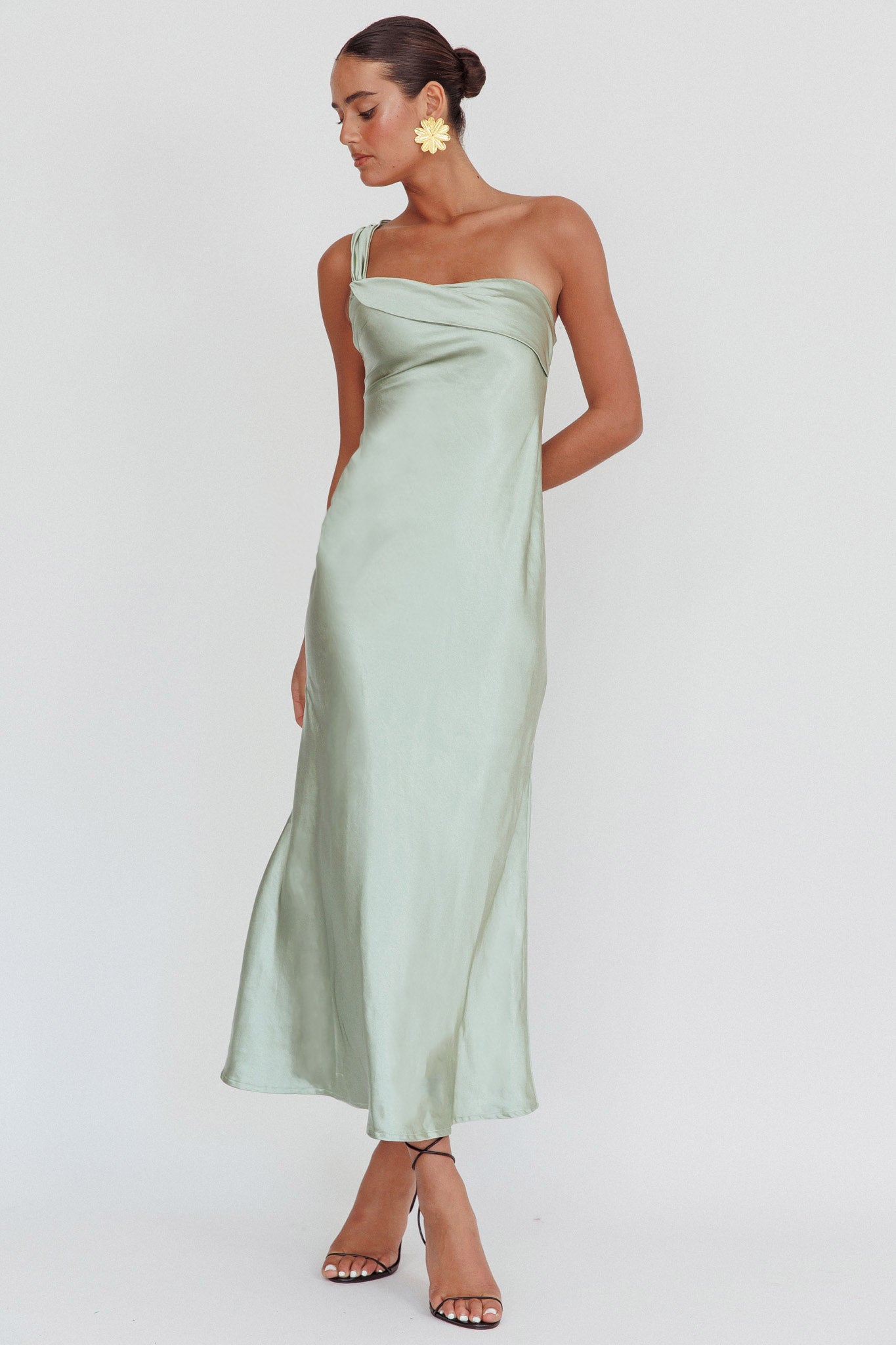 Carmel One-Shoulder Sash Maxi Dress Sage Carmel One-Shoulder Sash Maxi Dress Sage