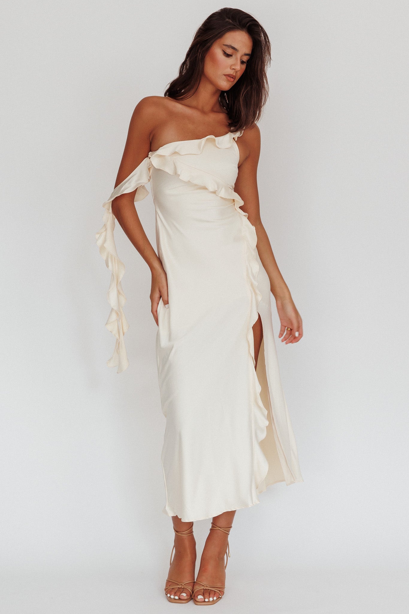 Like Yesterday Satin Ruffle Midi Dress Butter | Selfie Leslie Like Yesterday Satin Ruffle Midi Dress Butter | Selfie Leslie