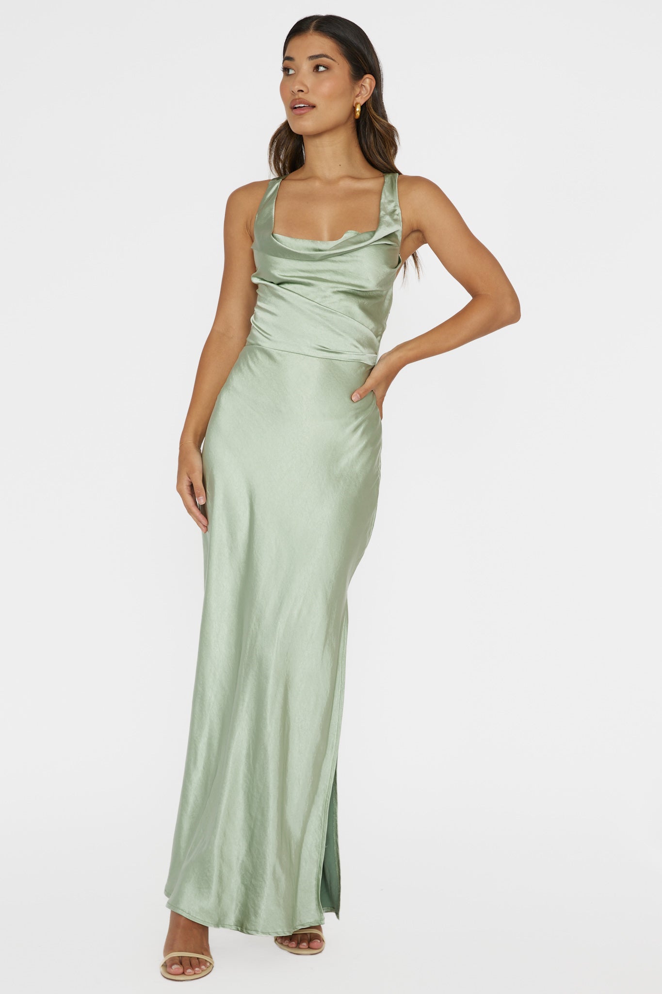 selfie leslie sage green dress Jayda One Shoulder Ruffle Trim Maxi Dress Sage