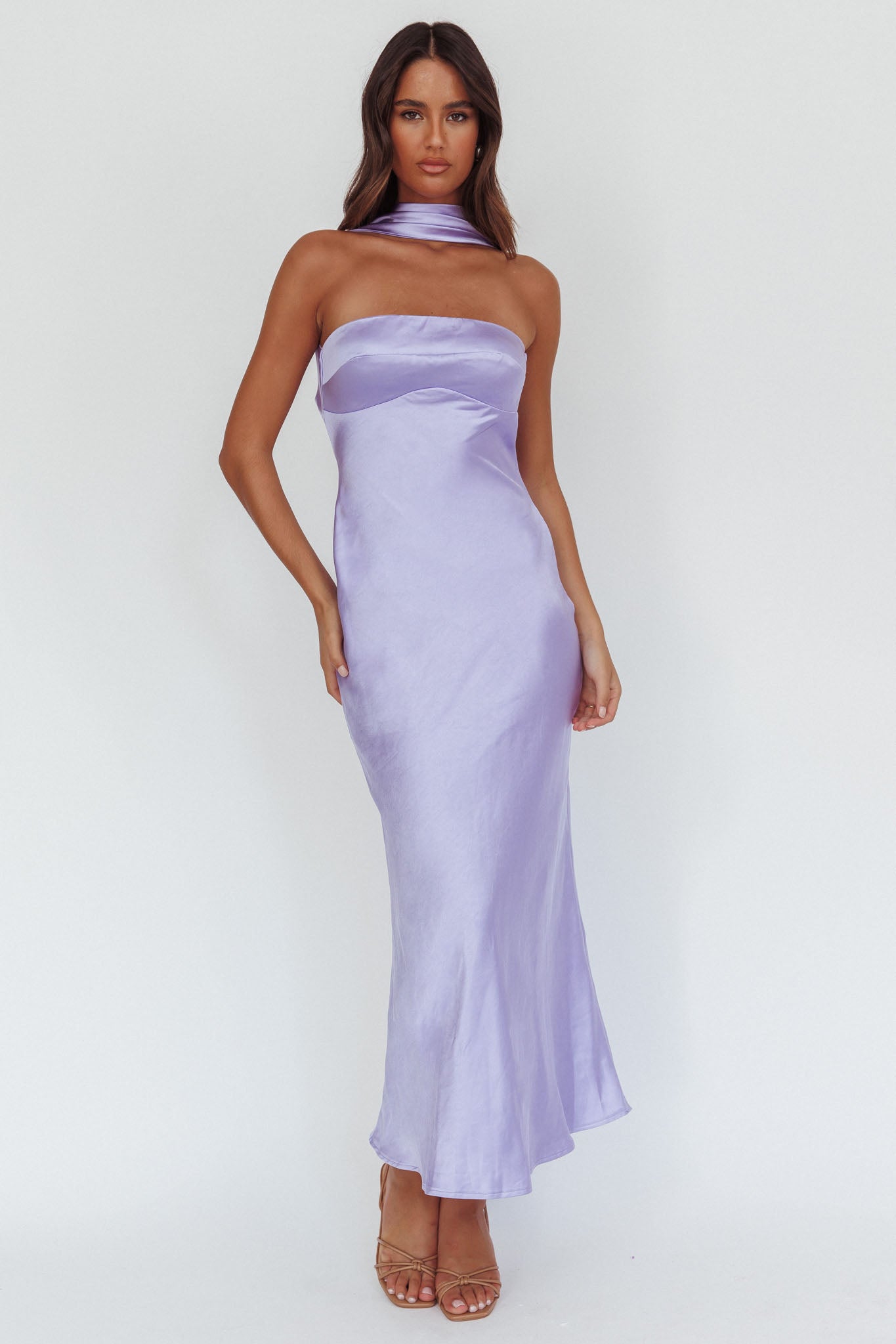 Damsel Reverse Halter Maxi Dress Satin Lilac– Selfie Leslie