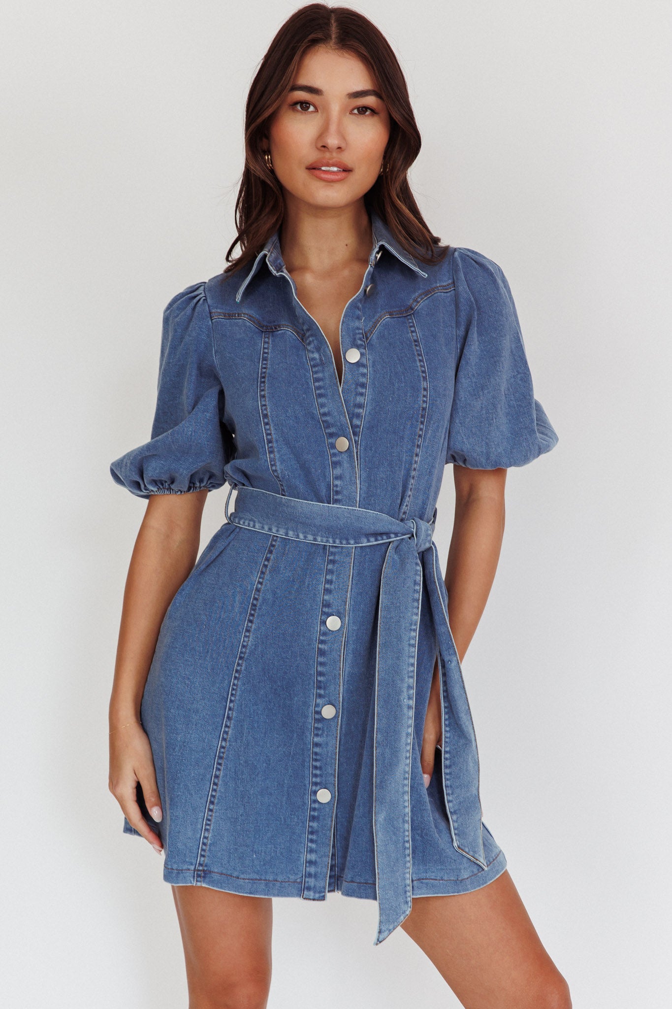 Myleigh Puff Sleeve Waist Tie Mini Dress Denim Blue Selfie Leslie Myleigh Puff Sleeve Waist Tie Mini Dress Denim Blue Selfie Leslie