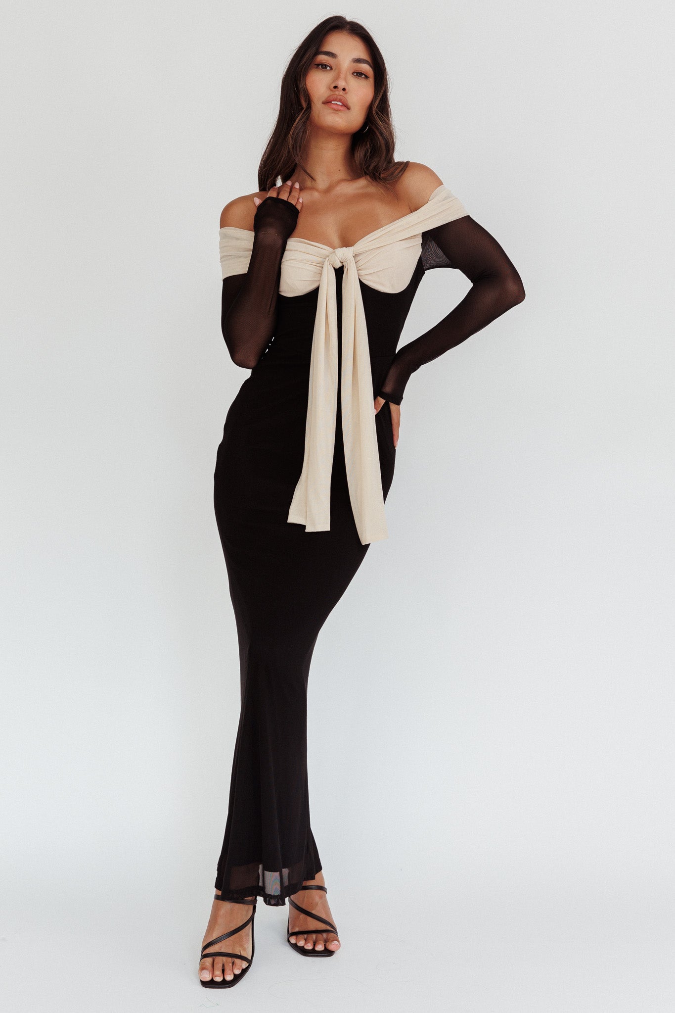 green emerald velvet dress Perfect Worlds Off Shoulder Maxi Dress Black