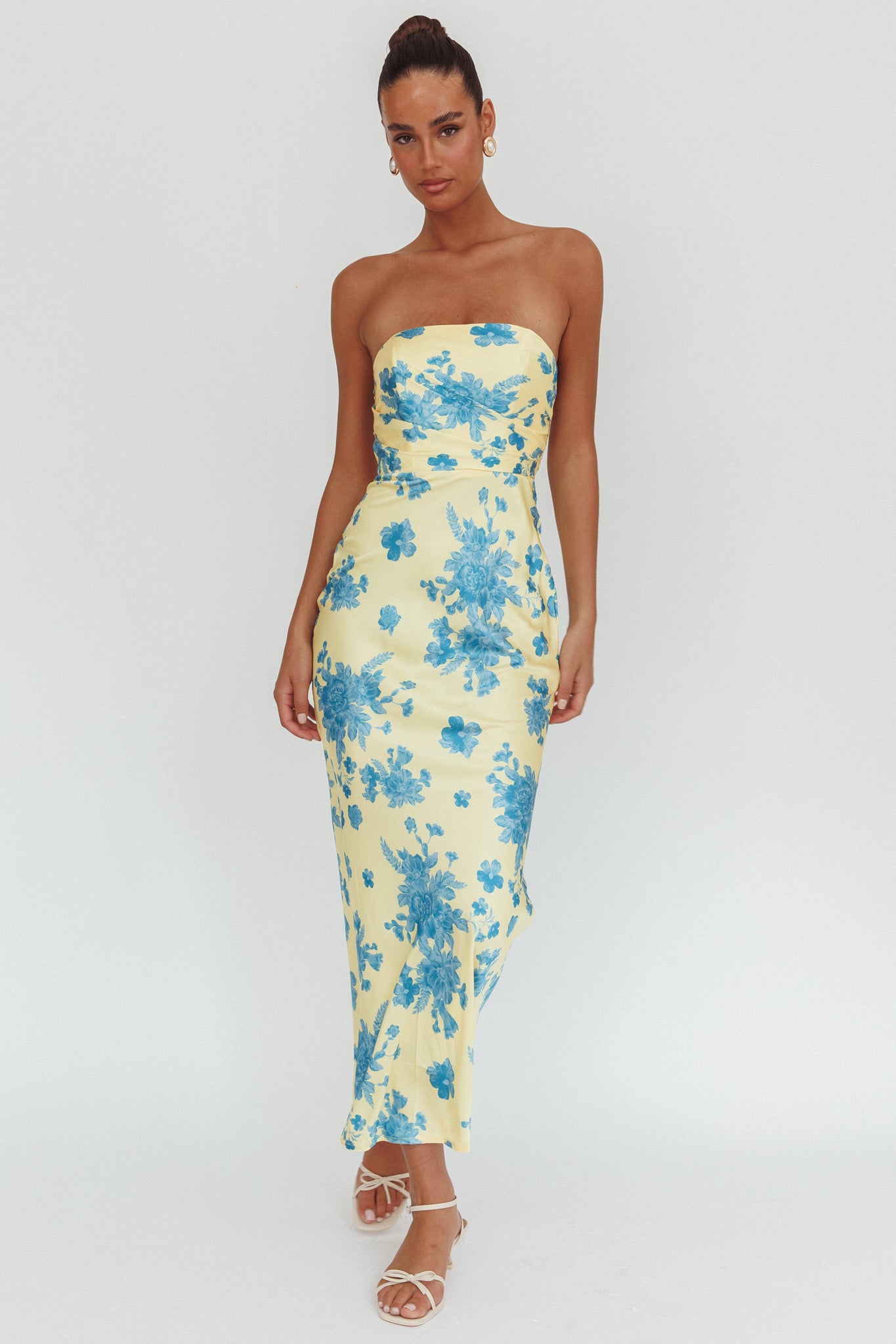 princess polly baby blue dress City of Stars Strapless Maxi Dress Floral Yellow XS